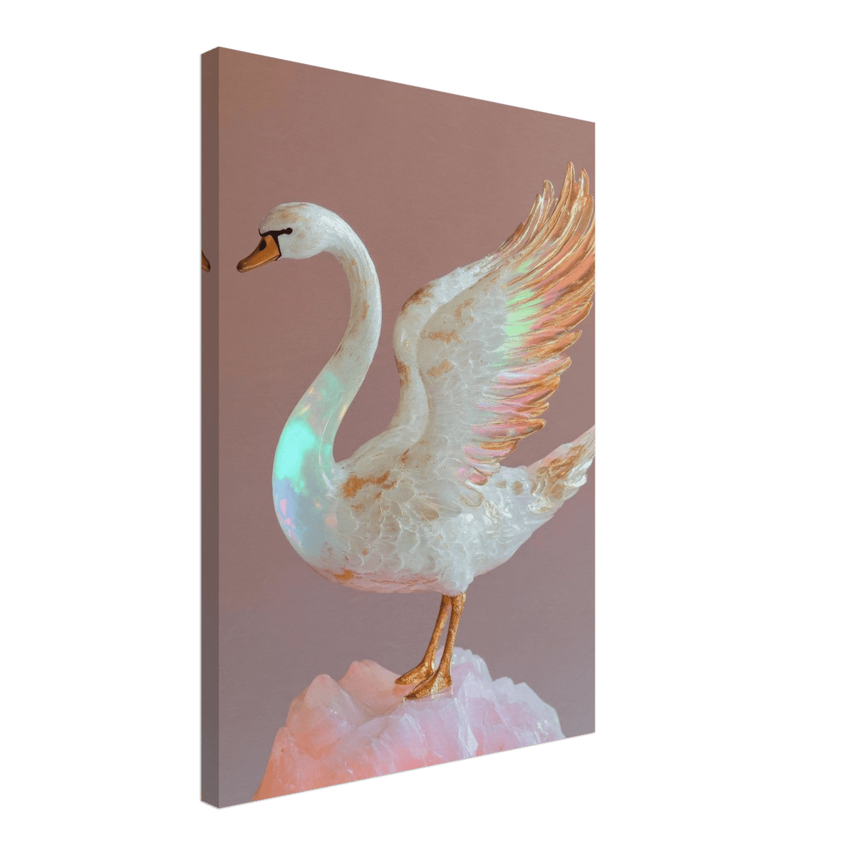 A white opal swan with wings on a pink rock - Shop Ai Art WebShop - Digital Art online Store