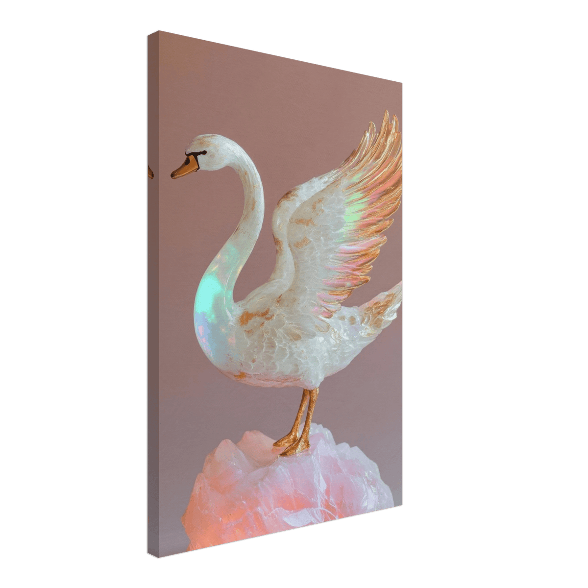 A white opal swan with wings on a pink rock - Shop Ai Art WebShop - Digital Art online Store
