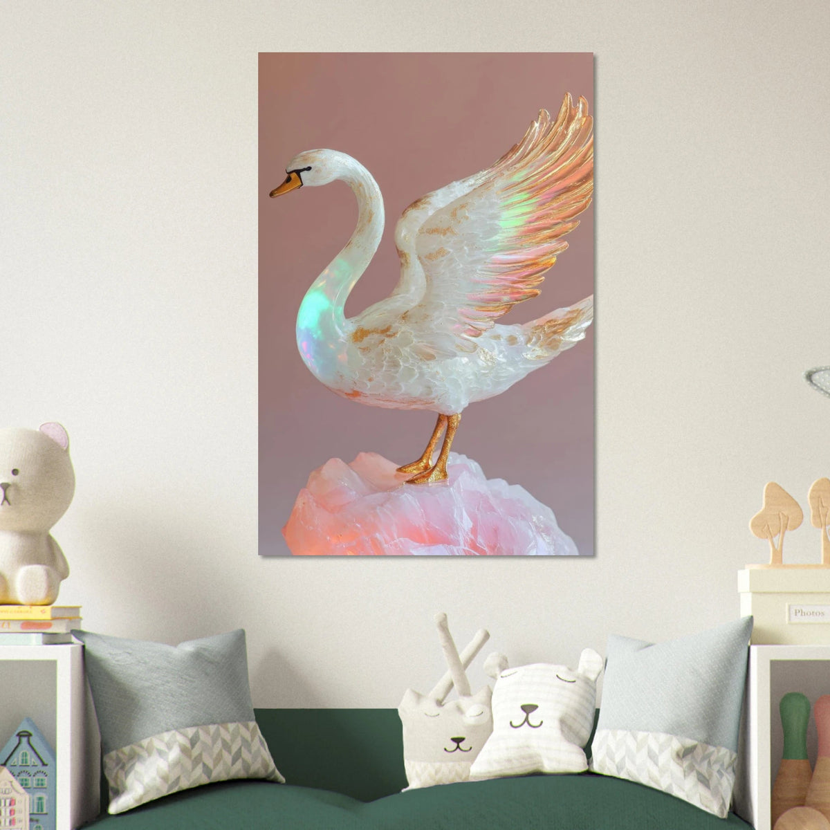 A white opal swan with wings on a pink rock - Shop Ai Art WebShop - Digital Art online Store