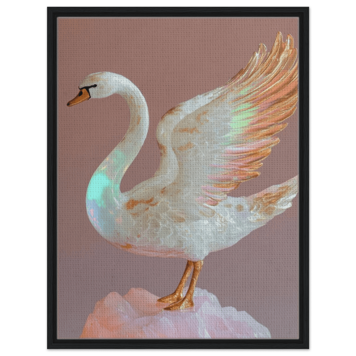 A white opal swan with wings on a pink rock - Shop Ai Art WebShop - Digital Art online Store