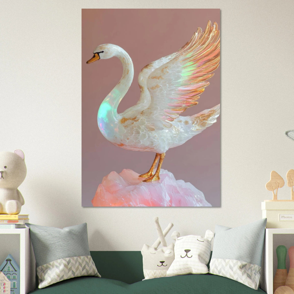 A white opal swan with wings on a pink rock - Shop Ai Art WebShop - Digital Art online Store