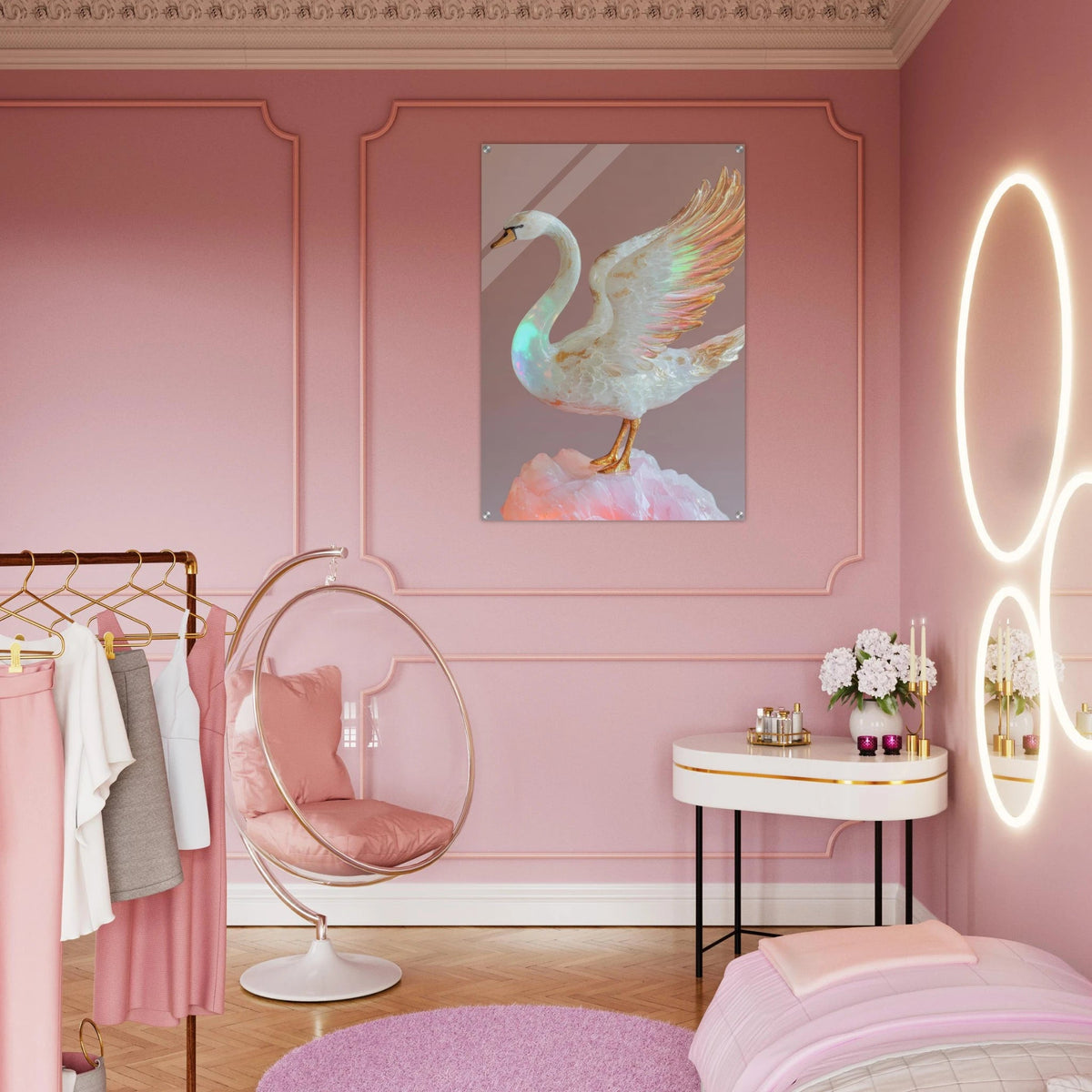 A white opal swan with wings on a pink rock - Shop Ai Art WebShop - Digital Art online Store
