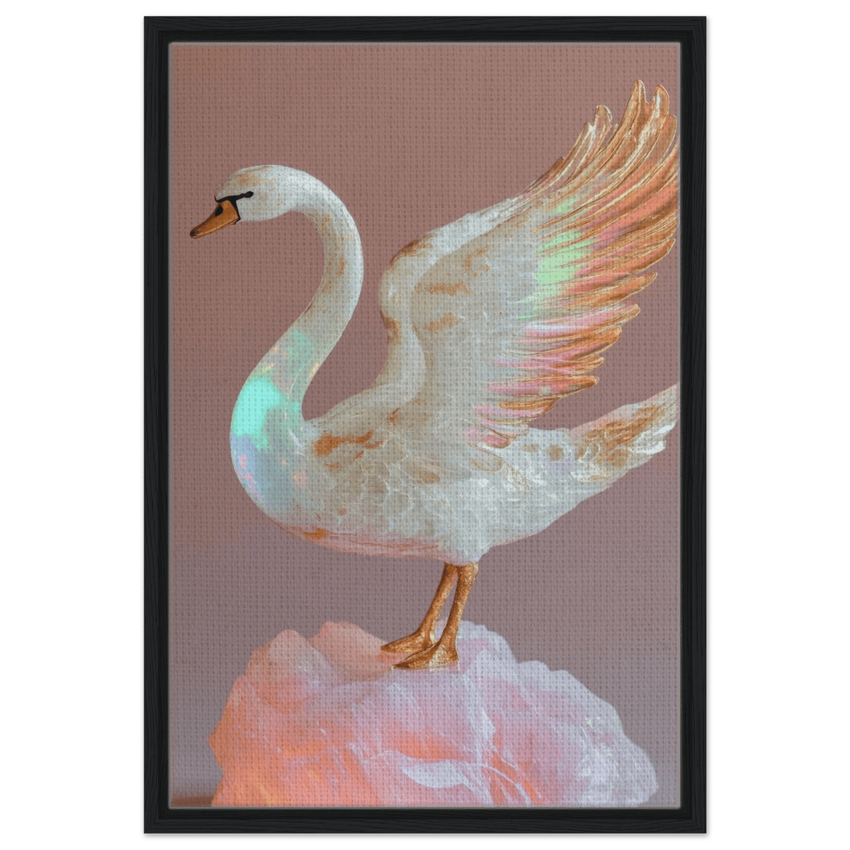 A white opal swan with wings on a pink rock - Shop Ai Art WebShop - Digital Art online Store