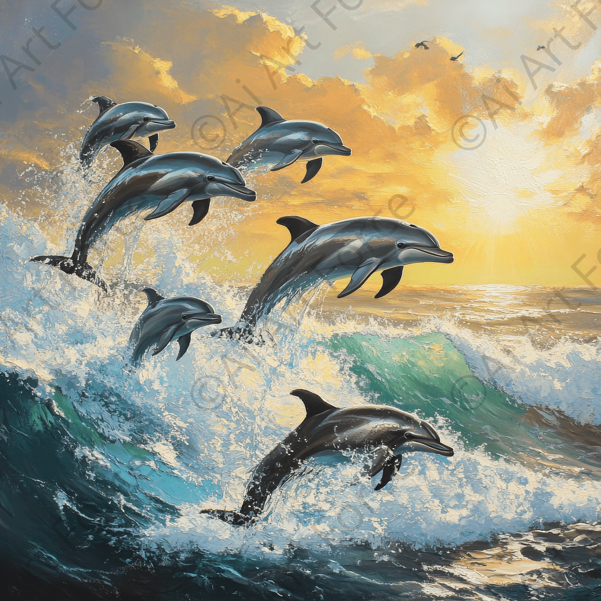 Digital Ai Artwork, of Dolphins Playing in the Waves 2, ideal for art enthusiasts and collectors.