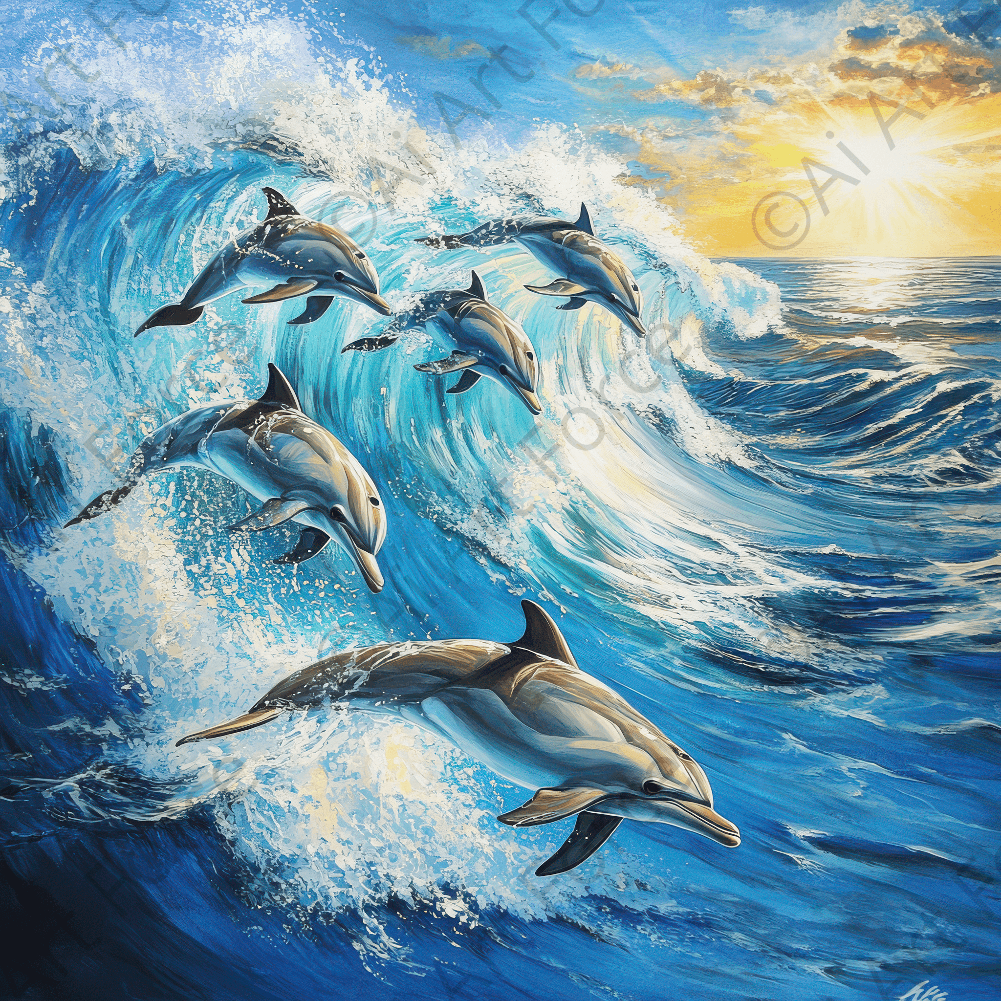 Digital Ai Artwork, of Dolphins Playing in the Waves, ideal for art enthusiasts and collectors.