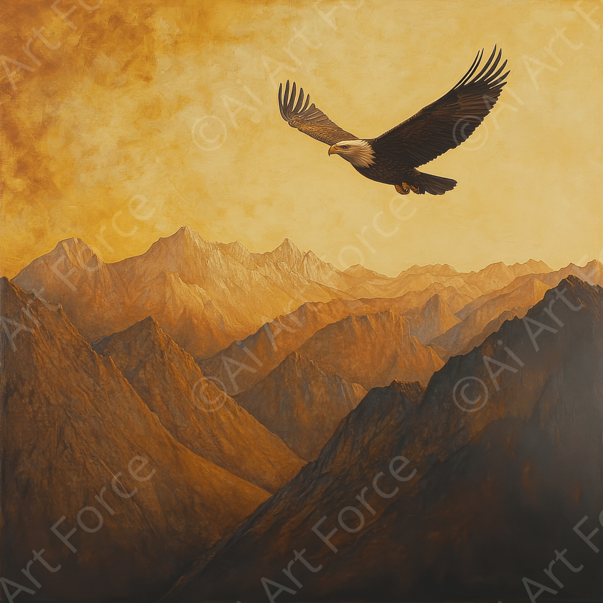 Digital Ai Artwork, of Eagle Soaring Over Mountains, ideal for art enthusiasts and collectors.