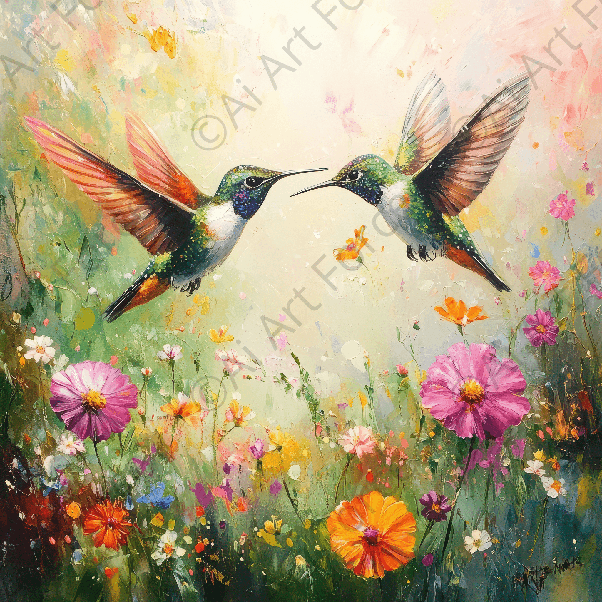 Digital Ai Artwork, of Hummingbirds Feeding on Flowers, ideal for art enthusiasts and collectors.
