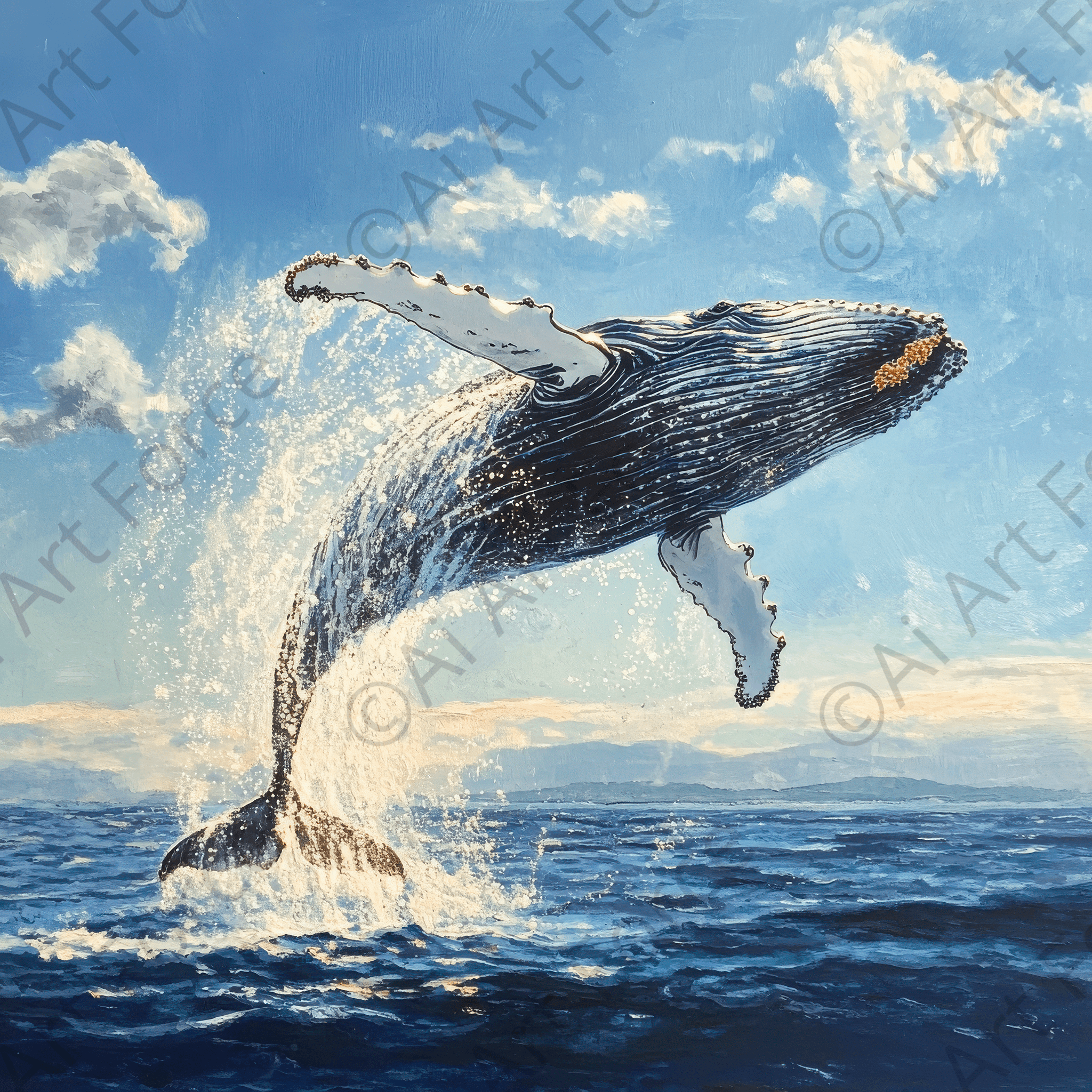 Digital Ai Artwork, of Humpback Whale Breaching the Ocean, ideal for art enthusiasts and collectors.