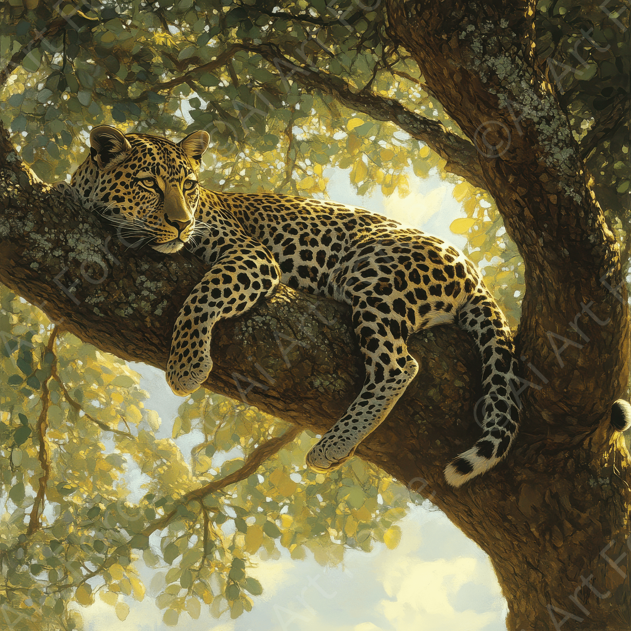 Digital Ai Artwork, of Leopard Resting on a Tree Branch, ideal for art enthusiasts and collectors.