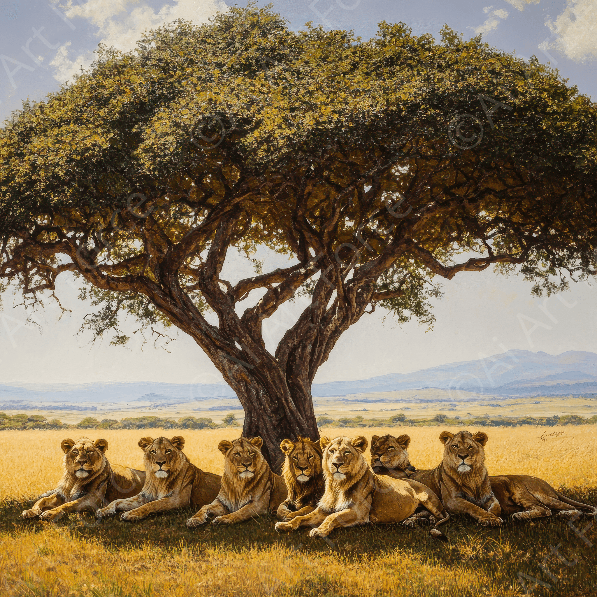 Digital Ai Artwork, of Lion Pride Resting Under a Tree, ideal for art enthusiasts and collectors.
