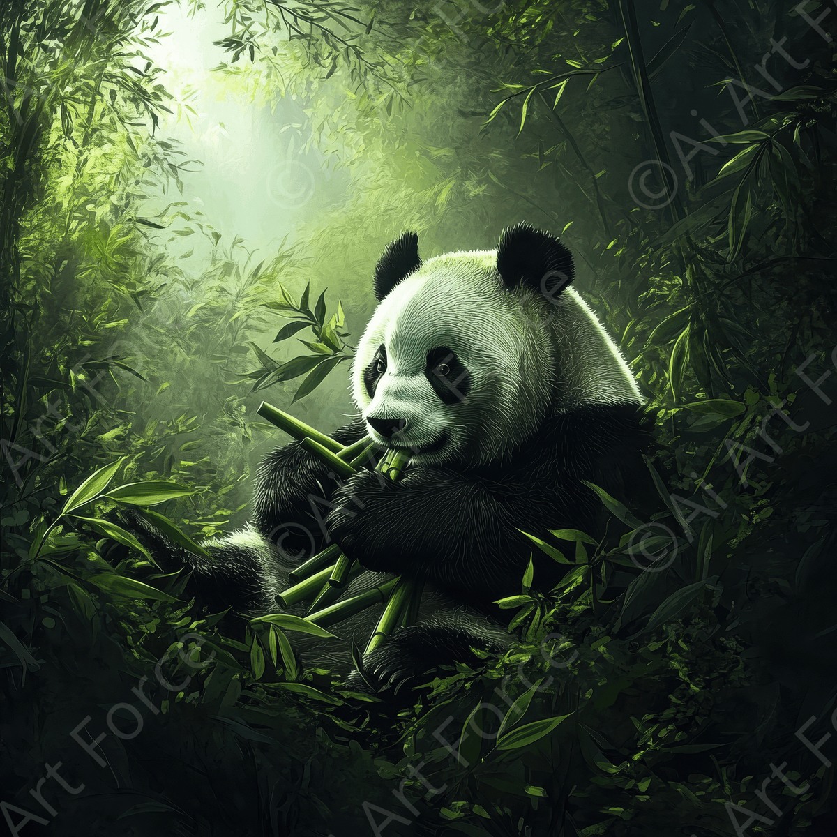 Panda Eating Bamboo in a Lush Forest 3 - Digital Ai Art Webshop