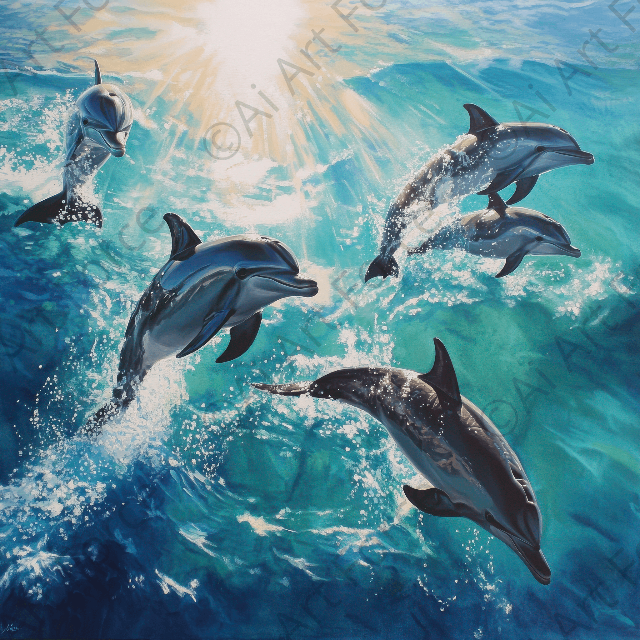 Digital Ai Artwork, of Playful Dolphins in Crystal Clear Waters, ideal for art enthusiasts and collectors.