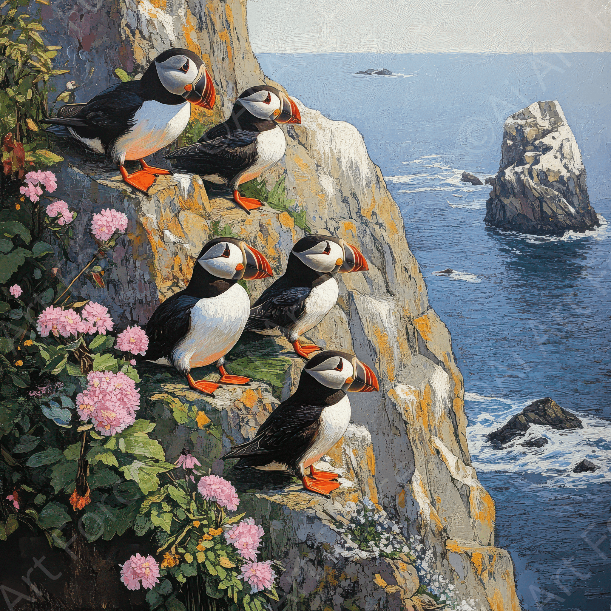 Digital Ai Artwork, of Puffins Nesting on a Cliffside 2, ideal for art enthusiasts and collectors.