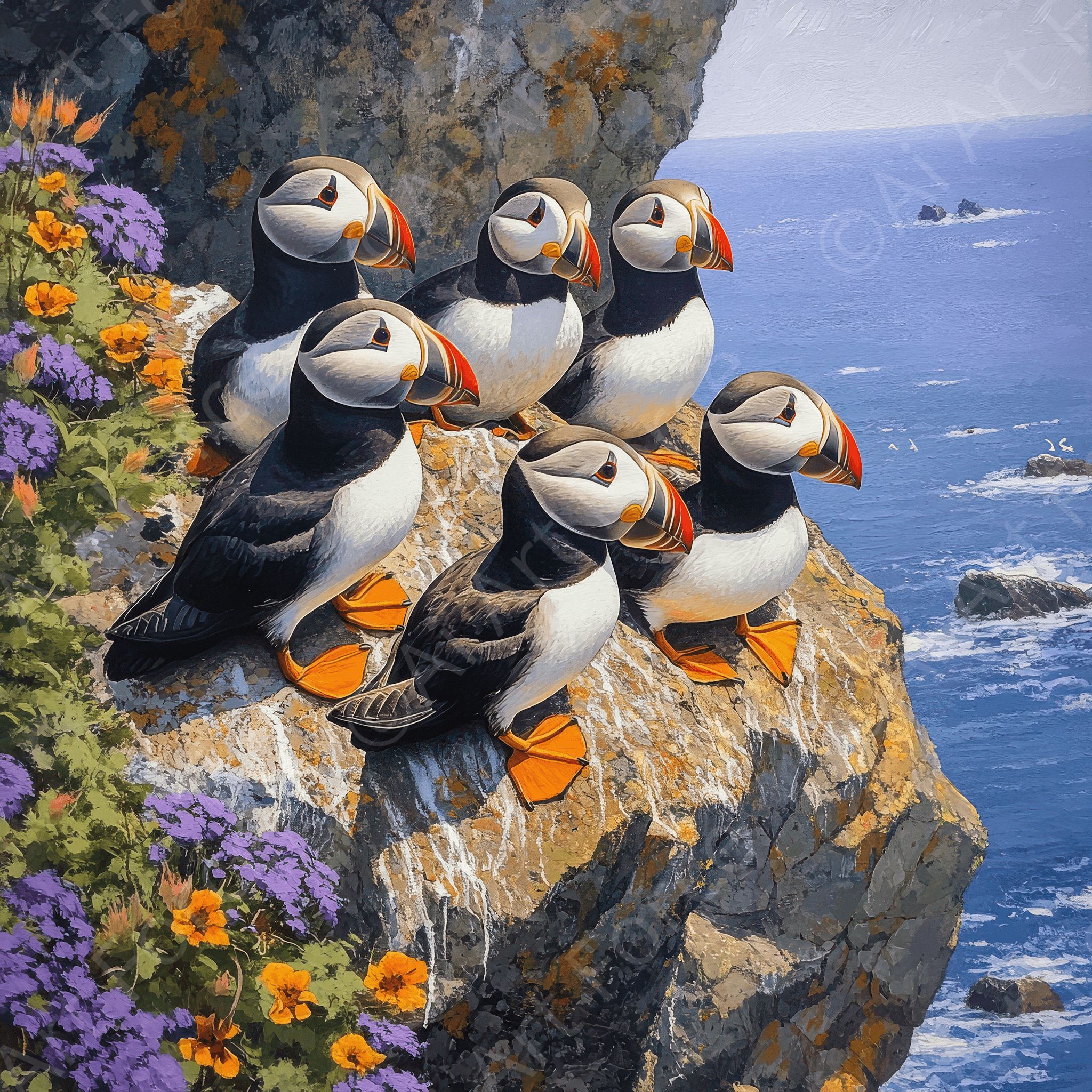 Digital Ai Artwork, of Puffins Nesting on a Cliffside 3, ideal for art enthusiasts and collectors.