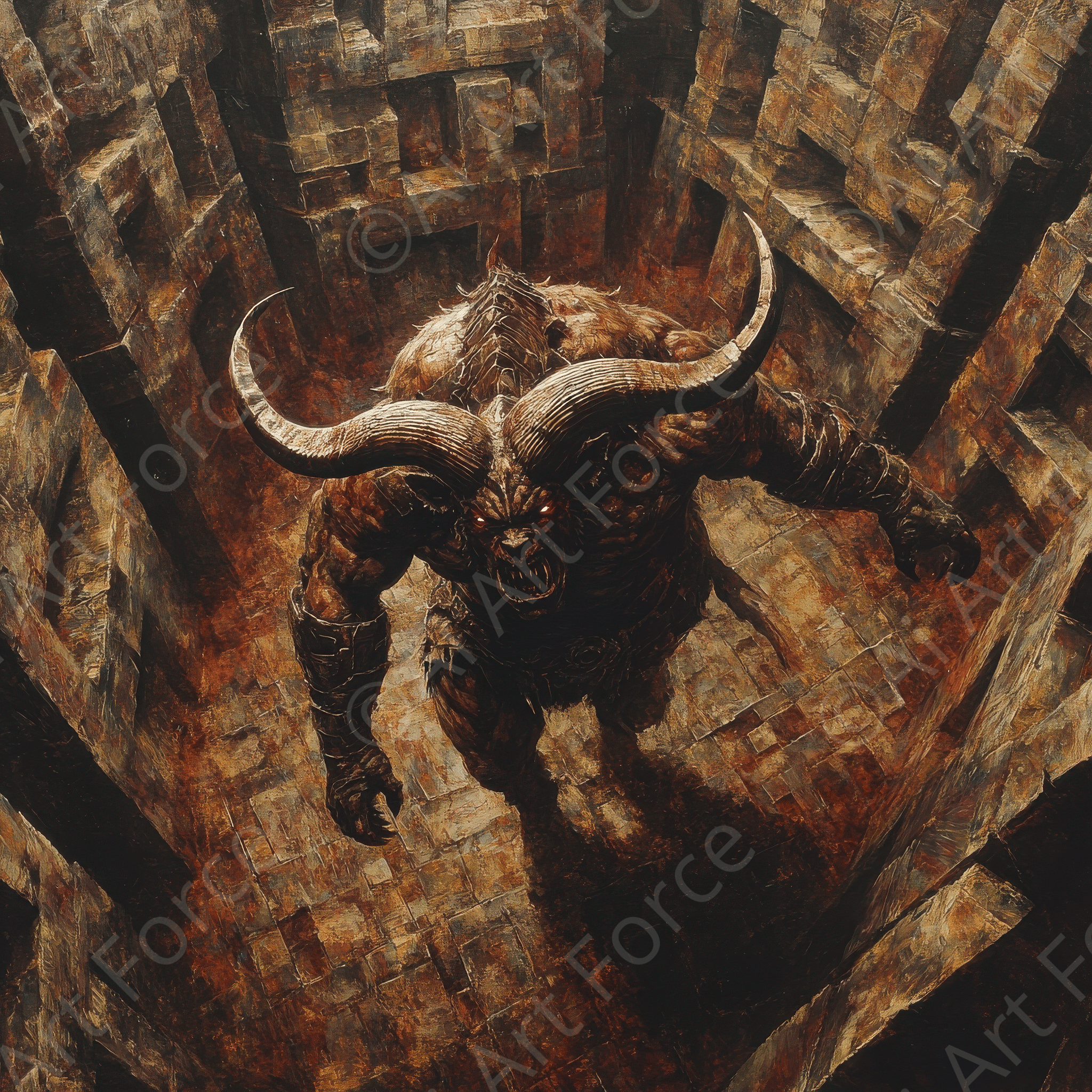 Digital Ai Artwork, of The Minotaur in the Labyrinth, ideal for art enthusiasts and collectors.