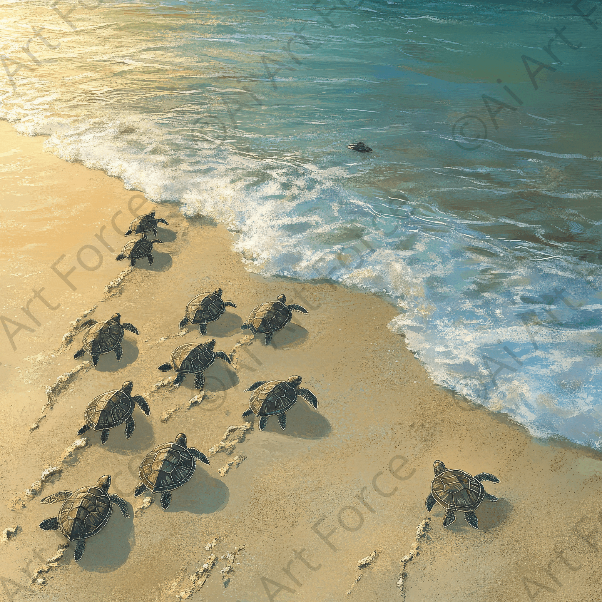 Digital Ai Artwork, of Turtles Nesting on a Sandy Beach, ideal for art enthusiasts and collectors.