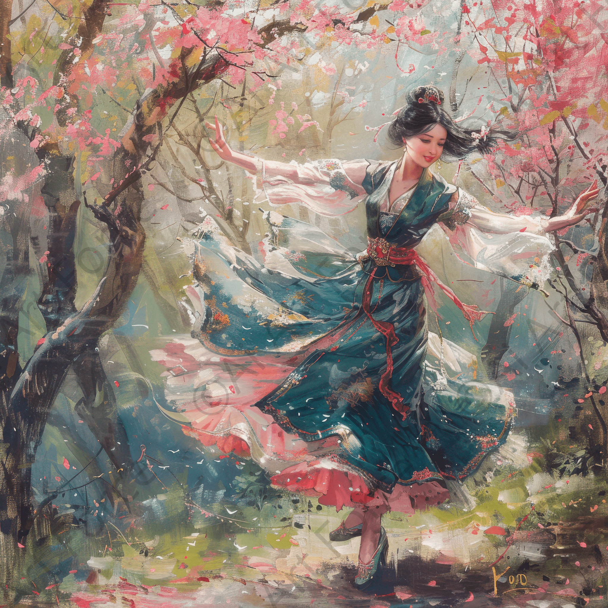 Digital Ai Artwork, of impressionism Chinese woman dancing in authentic cloathes, ideal for art enthusiasts and collectors.