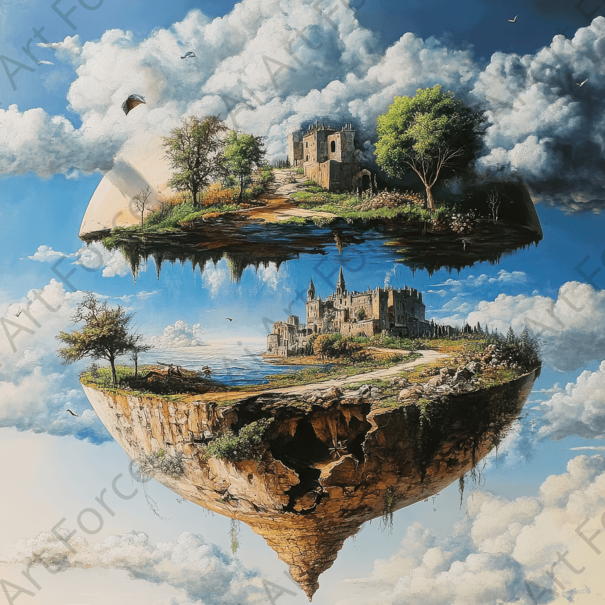 Digital Ai Artwork, of Surrealistic art style world turning upside down, ideal for art enthusiasts and collectors.