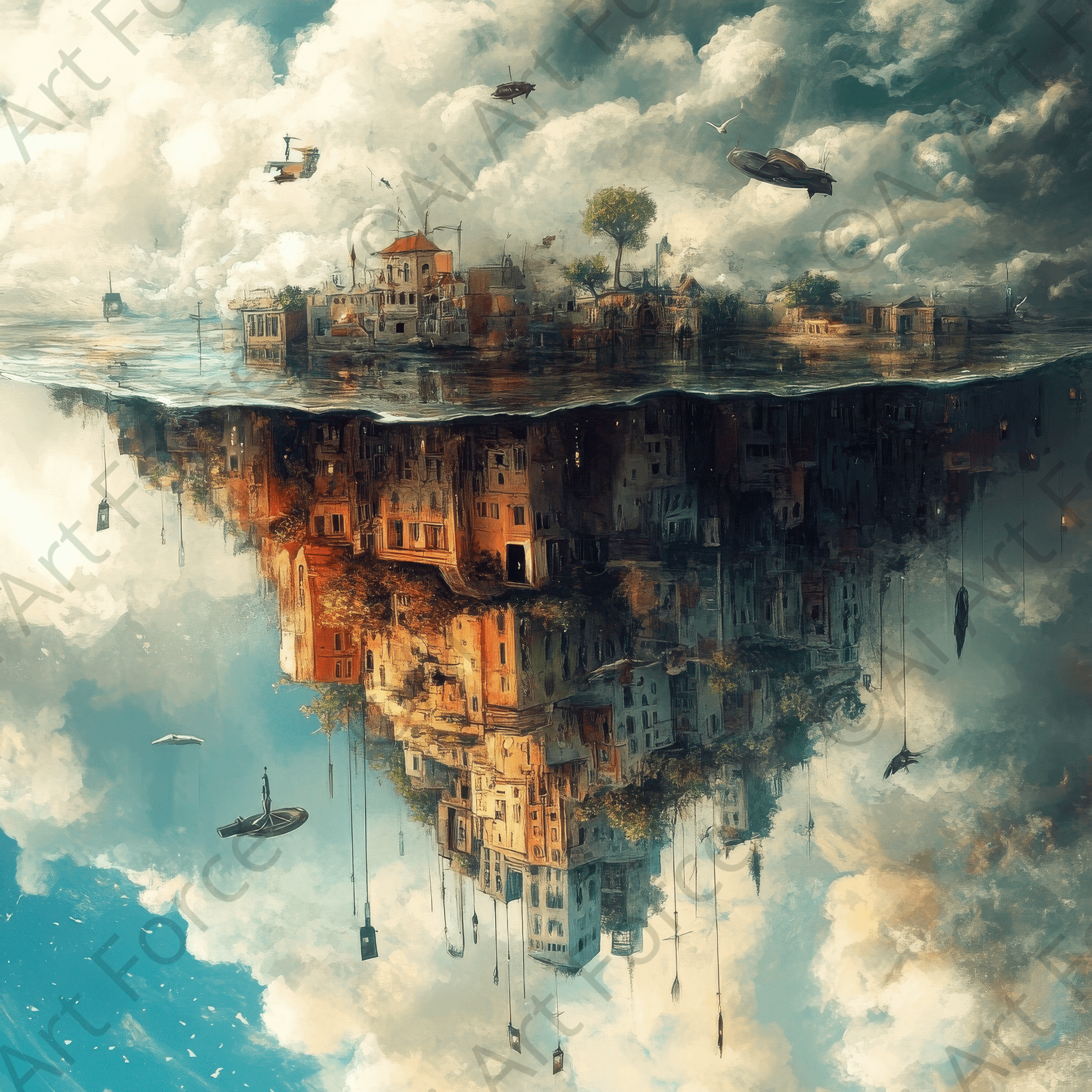 Digital Ai Artwork, of Surrealistic art style world turning upside down 3, ideal for art enthusiasts and collectors.