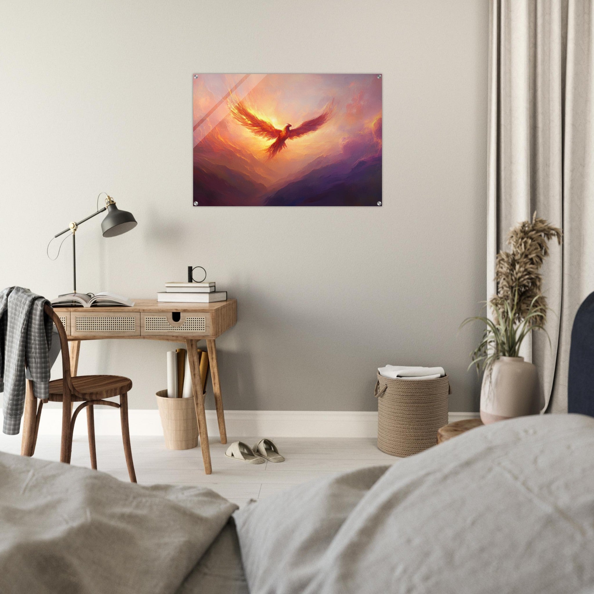 Acrylic Print Landscape - A celestial phoenix soars above a misty valley - Shop Ai Art WebShop - Digital Art online Store