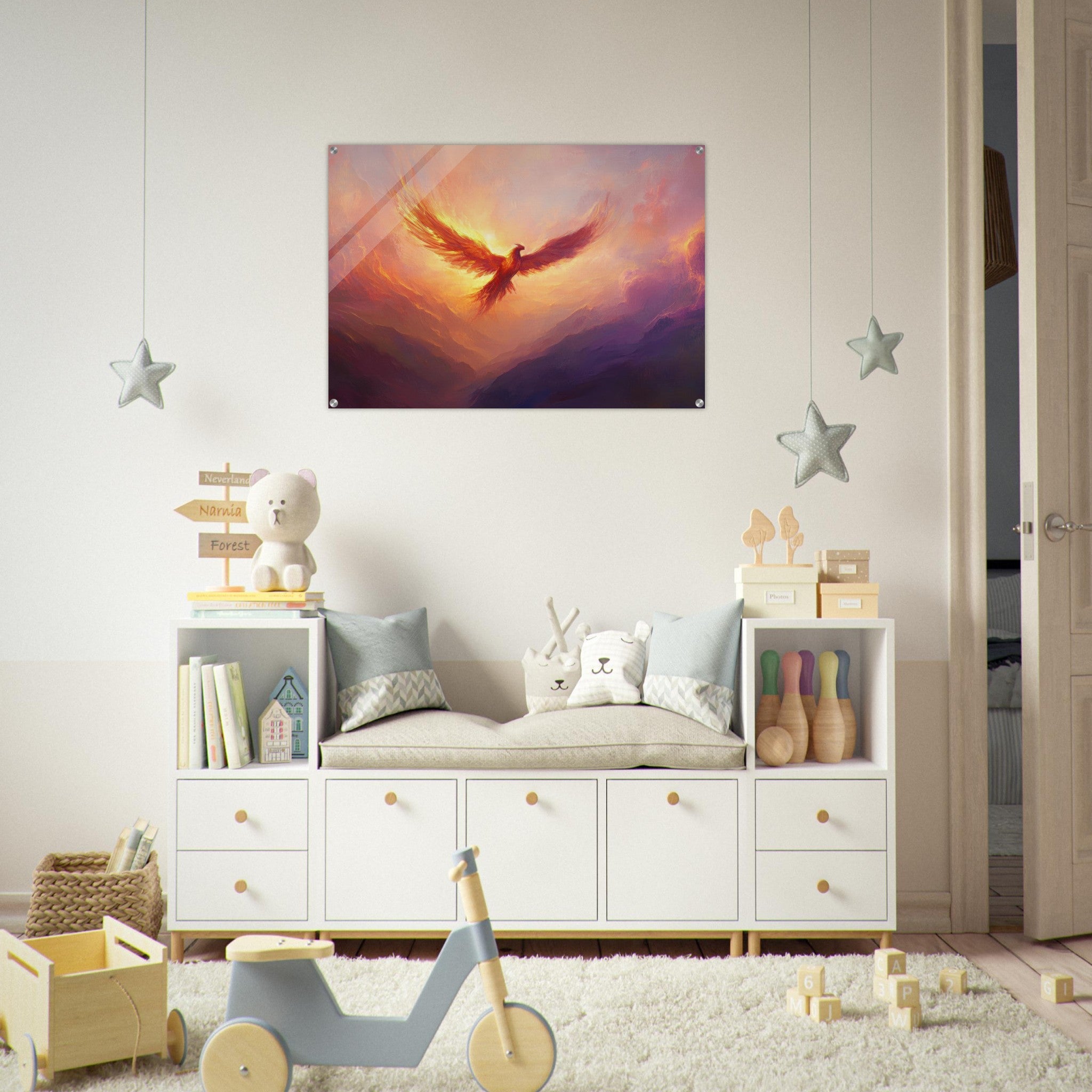 Acrylic Print Landscape - A celestial phoenix soars above a misty valley - Shop Ai Art WebShop - Digital Art online Store
