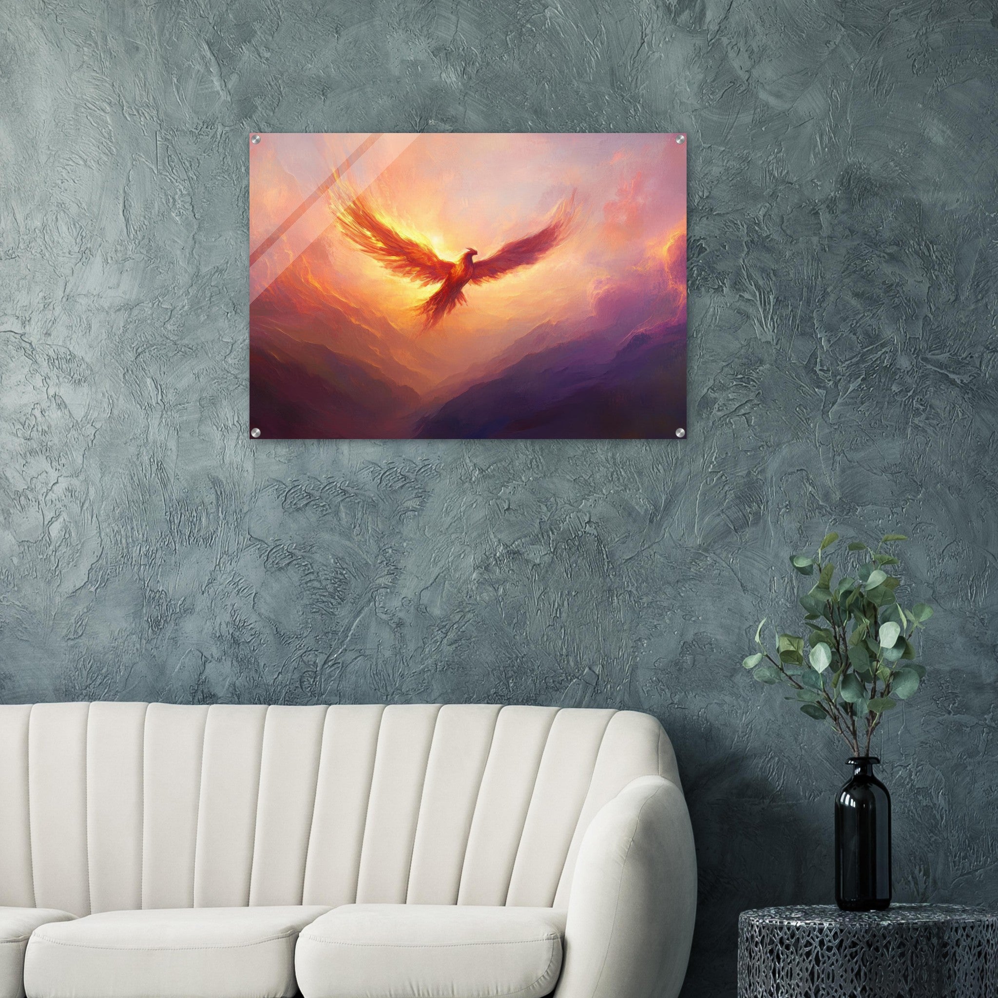 Acrylic Print Landscape - A celestial phoenix soars above a misty valley - Shop Ai Art WebShop - Digital Art online Store