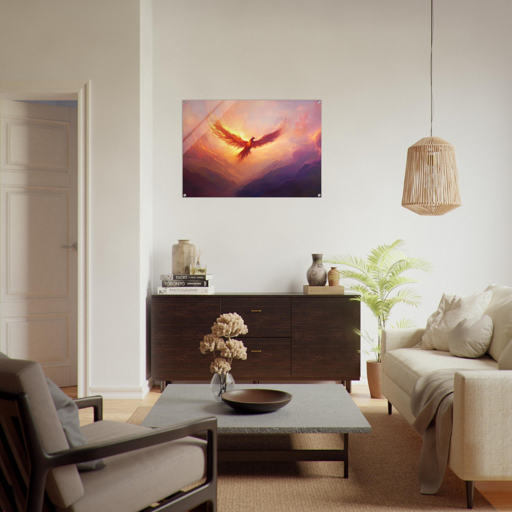 Acrylic Print Landscape - A celestial phoenix soars above a misty valley - Shop Ai Art WebShop - Digital Art online Store