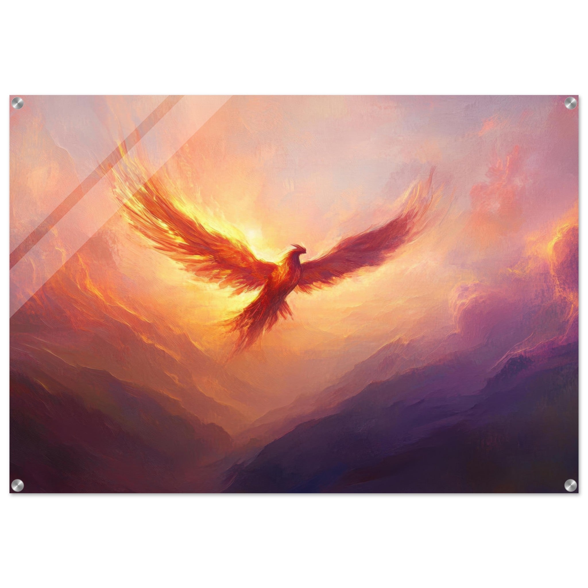 Acrylic Print Landscape - A celestial phoenix soars above a misty valley - Shop Ai Art WebShop - Digital Art online Store