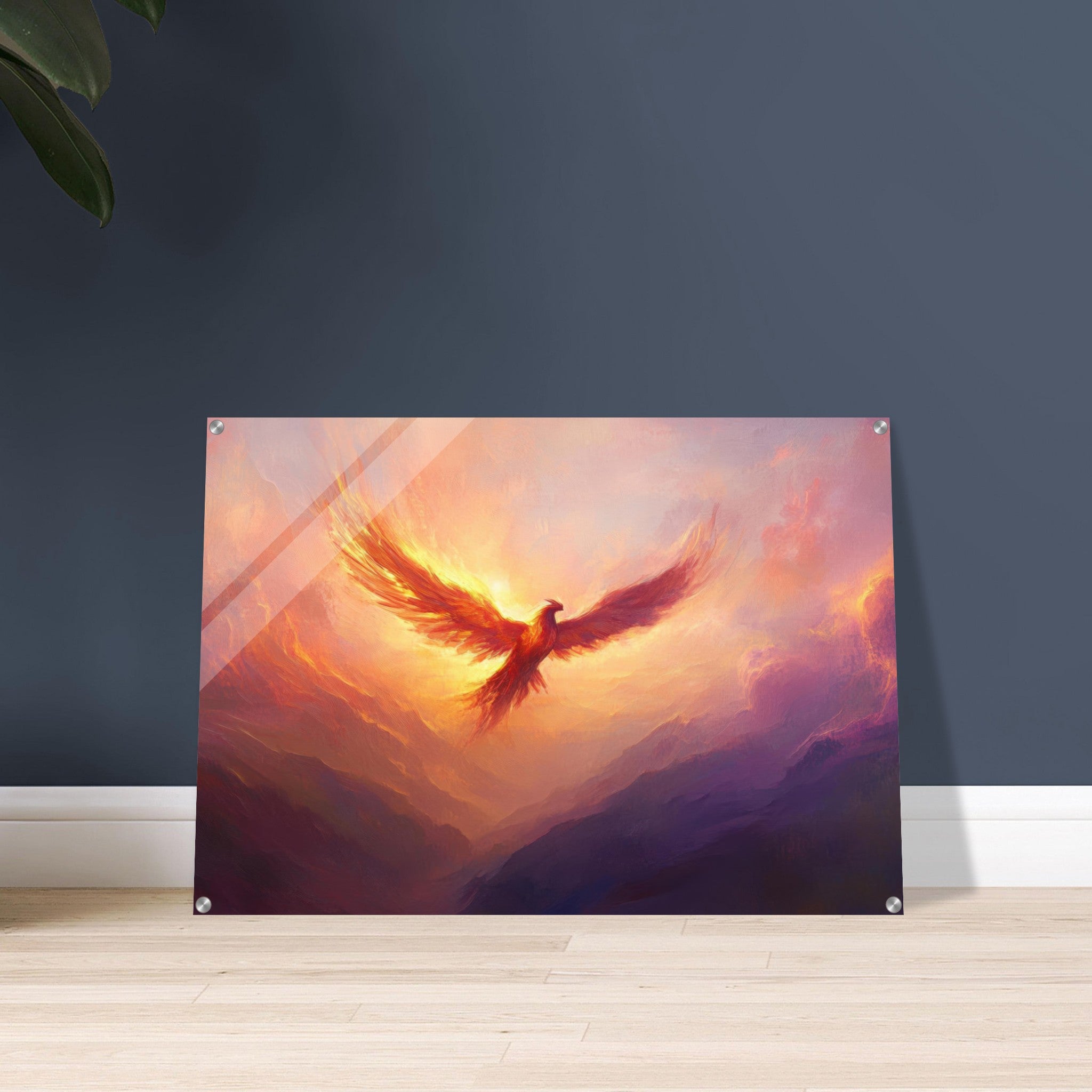 Acrylic Print Landscape - A celestial phoenix soars above a misty valley - Shop Ai Art WebShop - Digital Art online Store