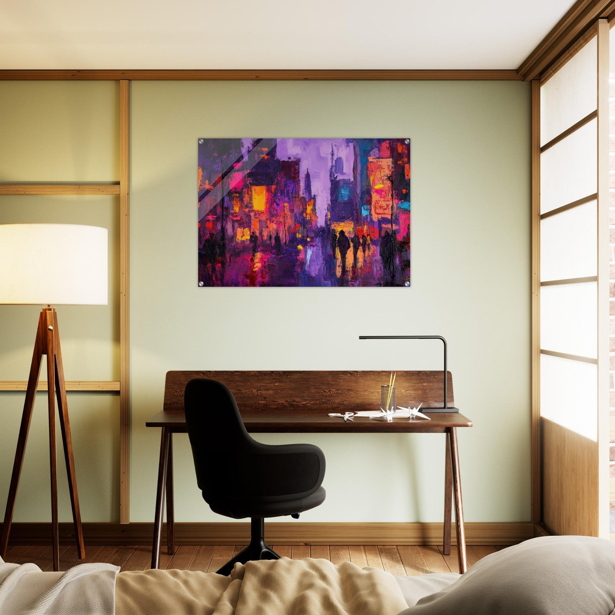 Acrylic Print Landscape - A cityscape bathed in the dim glow of streetligh 3 - Shop Ai Art WebShop - Digital Art online Store