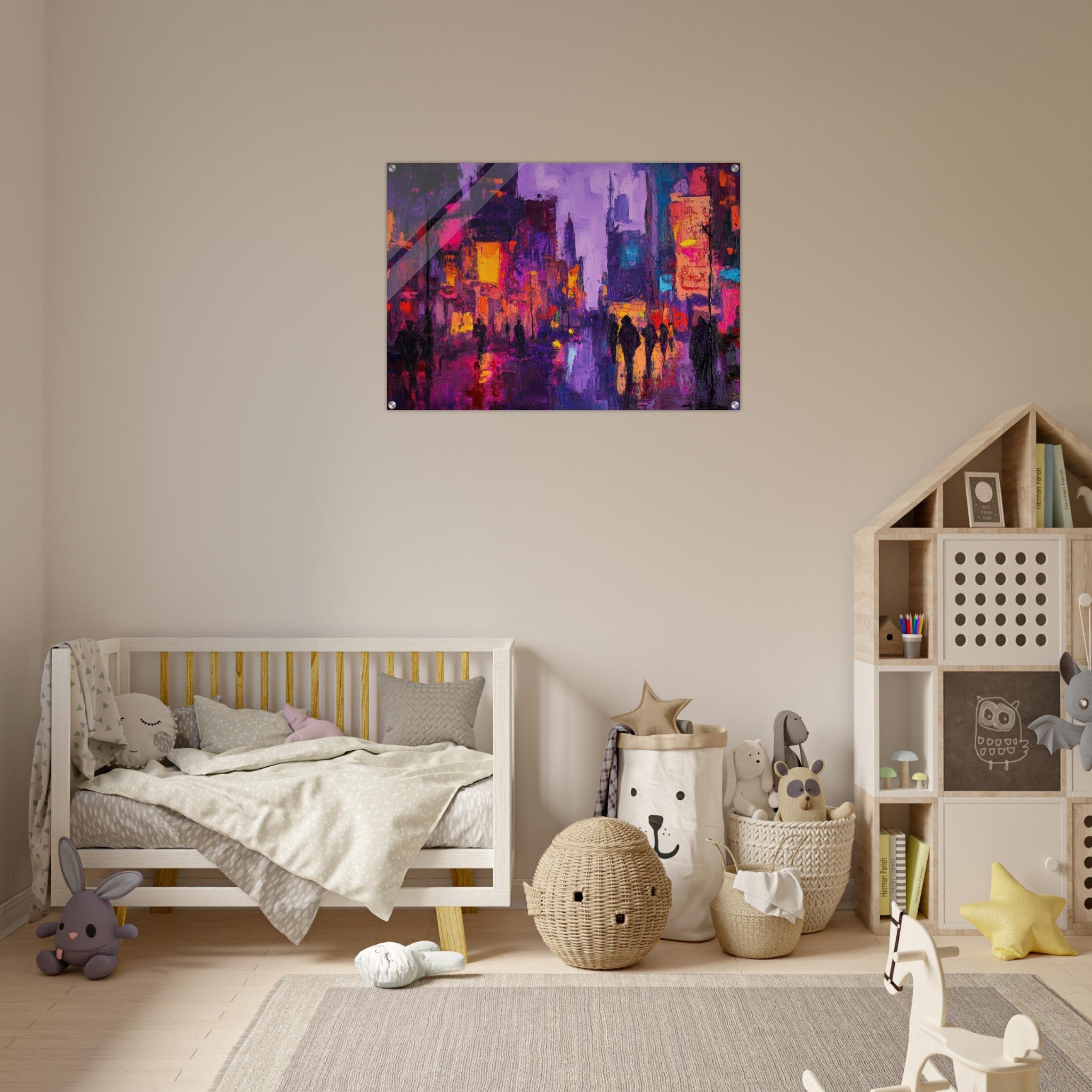 Acrylic Print Landscape - A cityscape bathed in the dim glow of streetligh 3 - Shop Ai Art WebShop - Digital Art online Store