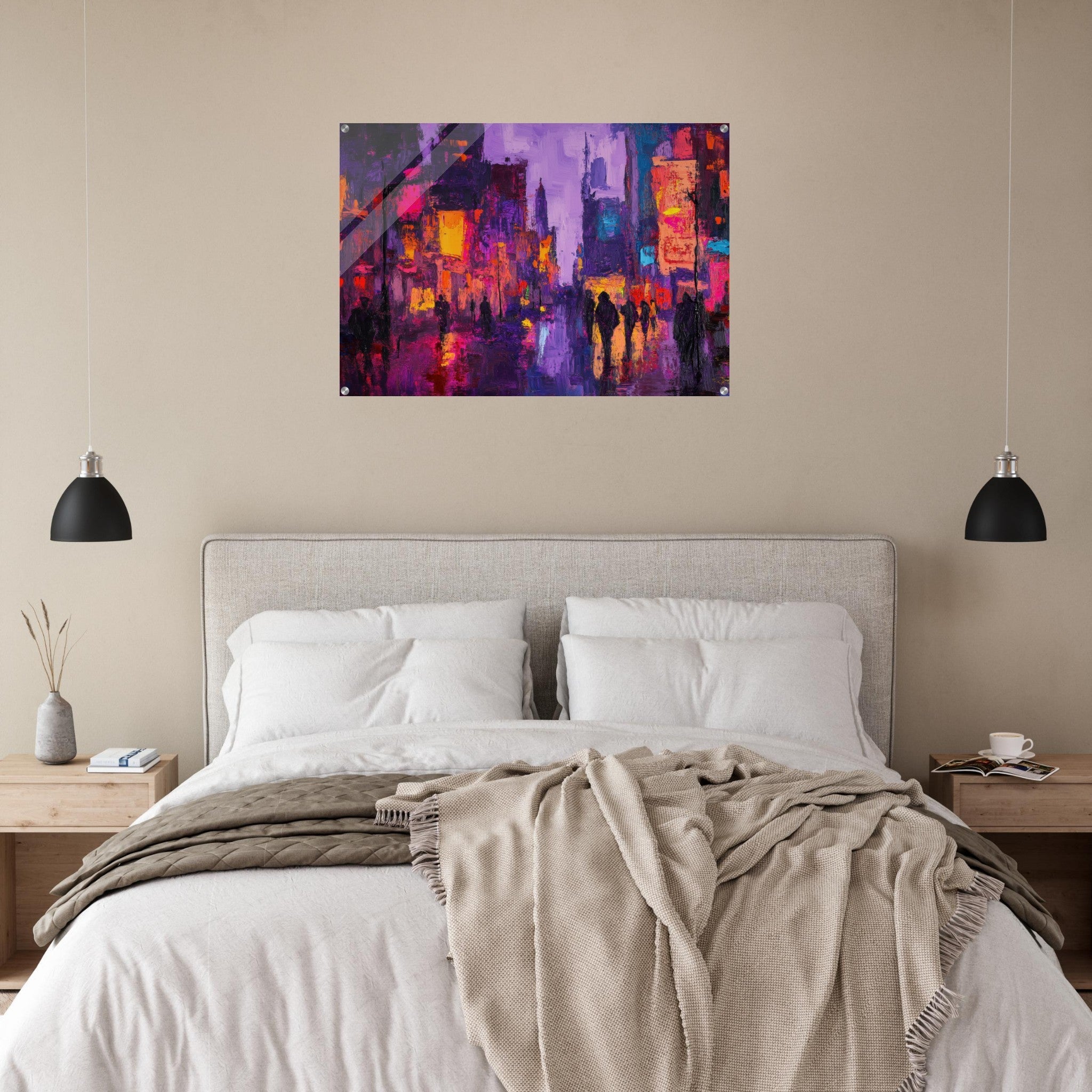 Acrylic Print Landscape - A cityscape bathed in the dim glow of streetligh 3 - Shop Ai Art WebShop - Digital Art online Store