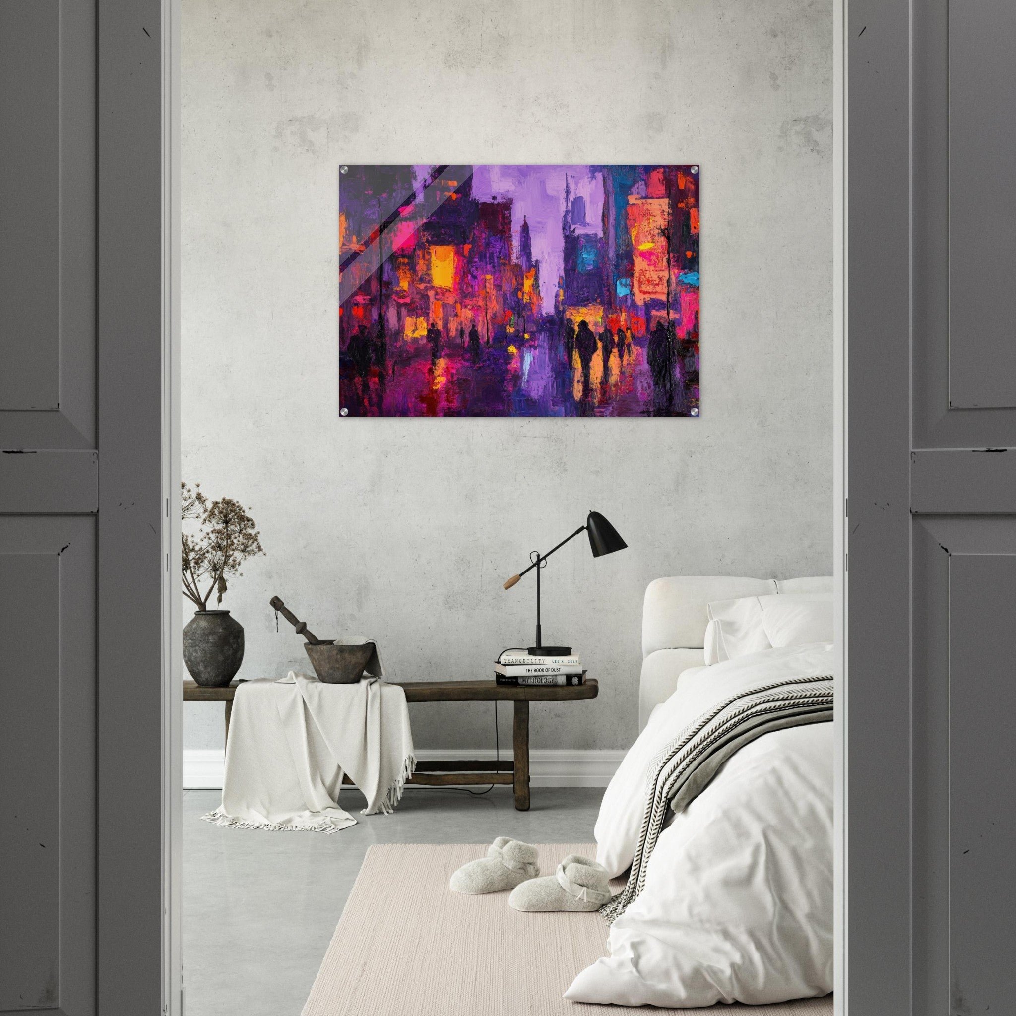 Acrylic Print Landscape - A cityscape bathed in the dim glow of streetligh 3 - Shop Ai Art WebShop - Digital Art online Store