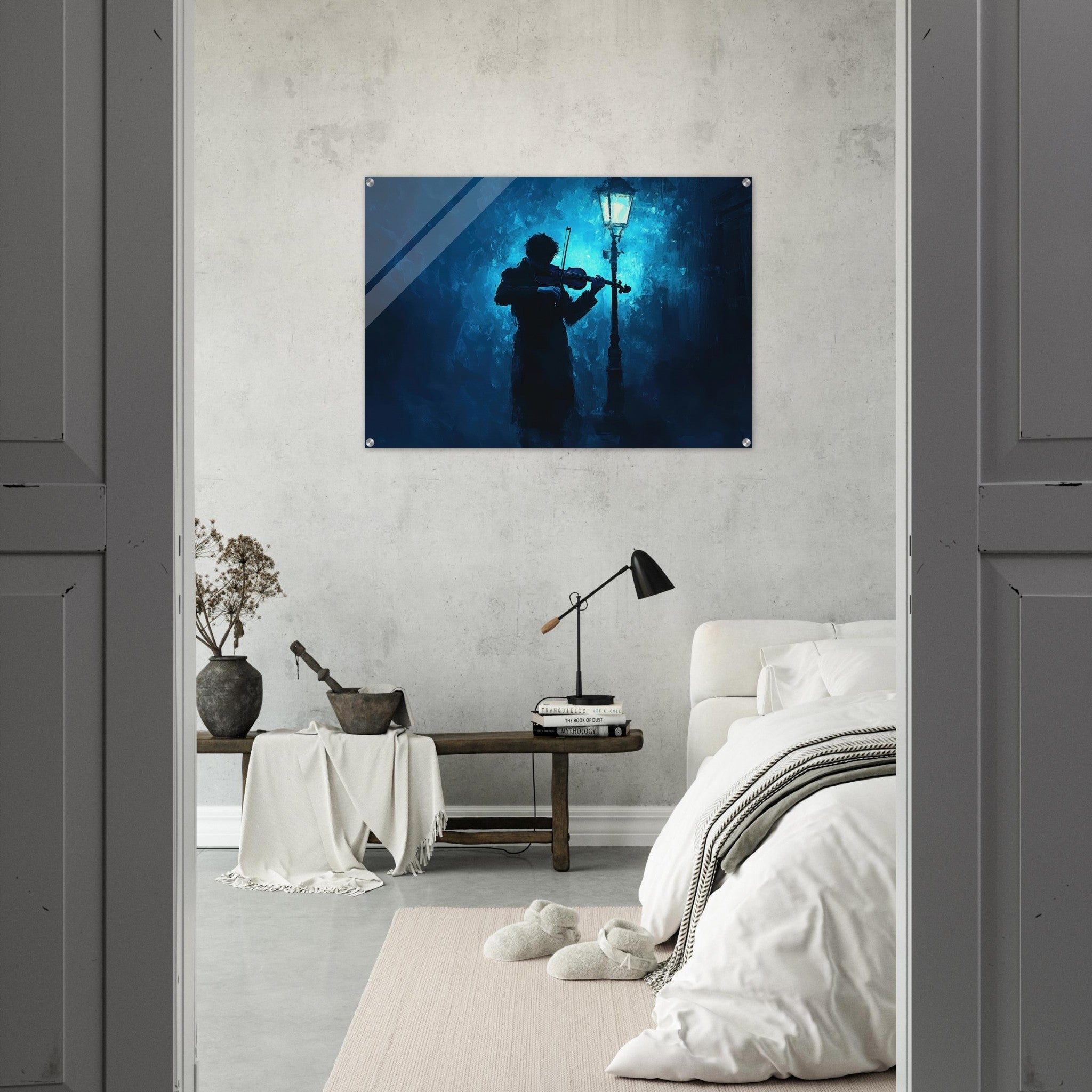 Acrylic Print Landscape - A lone violinist stands beneath a flickering sir 3 - Shop Ai Art WebShop - Digital Art online Store