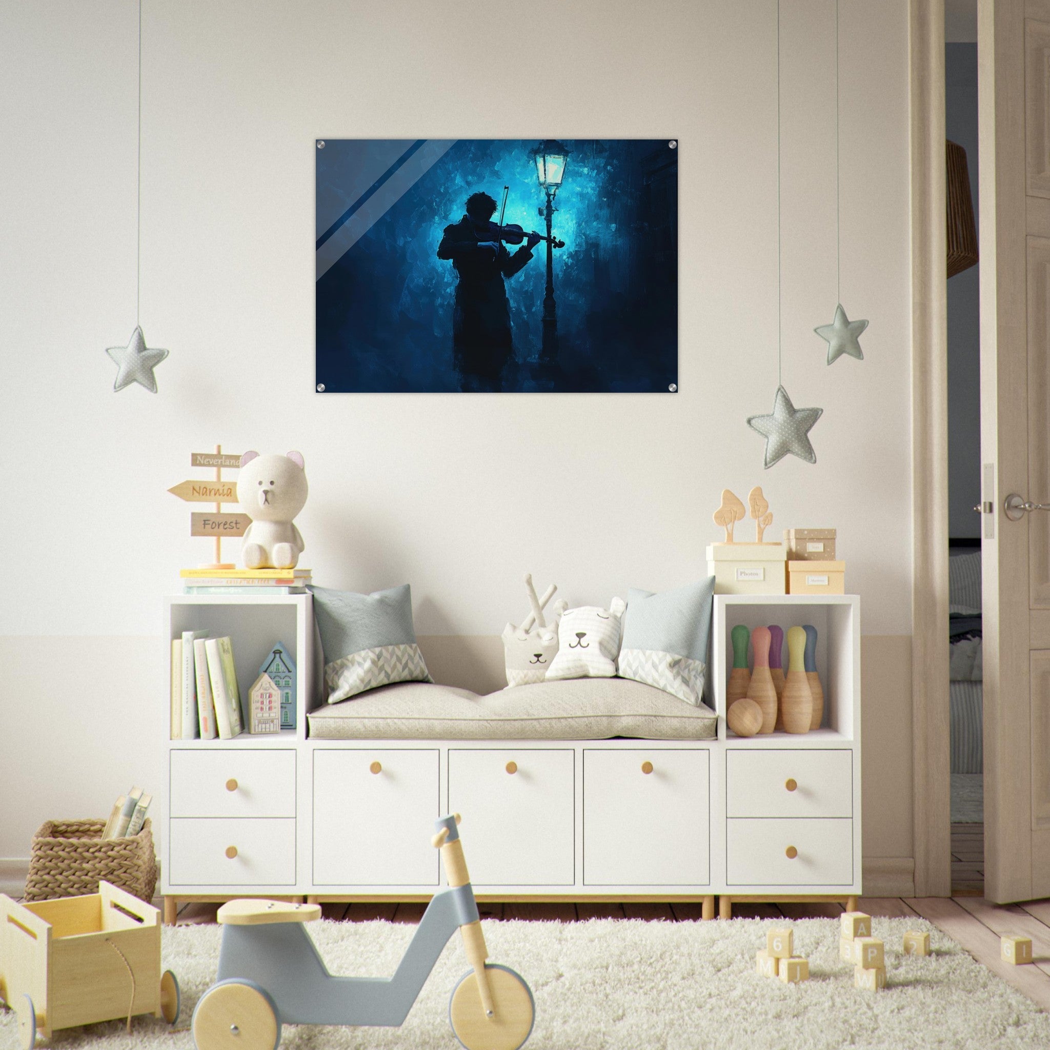 Acrylic Print Landscape - A lone violinist stands beneath a flickering sir 3 - Shop Ai Art WebShop - Digital Art online Store