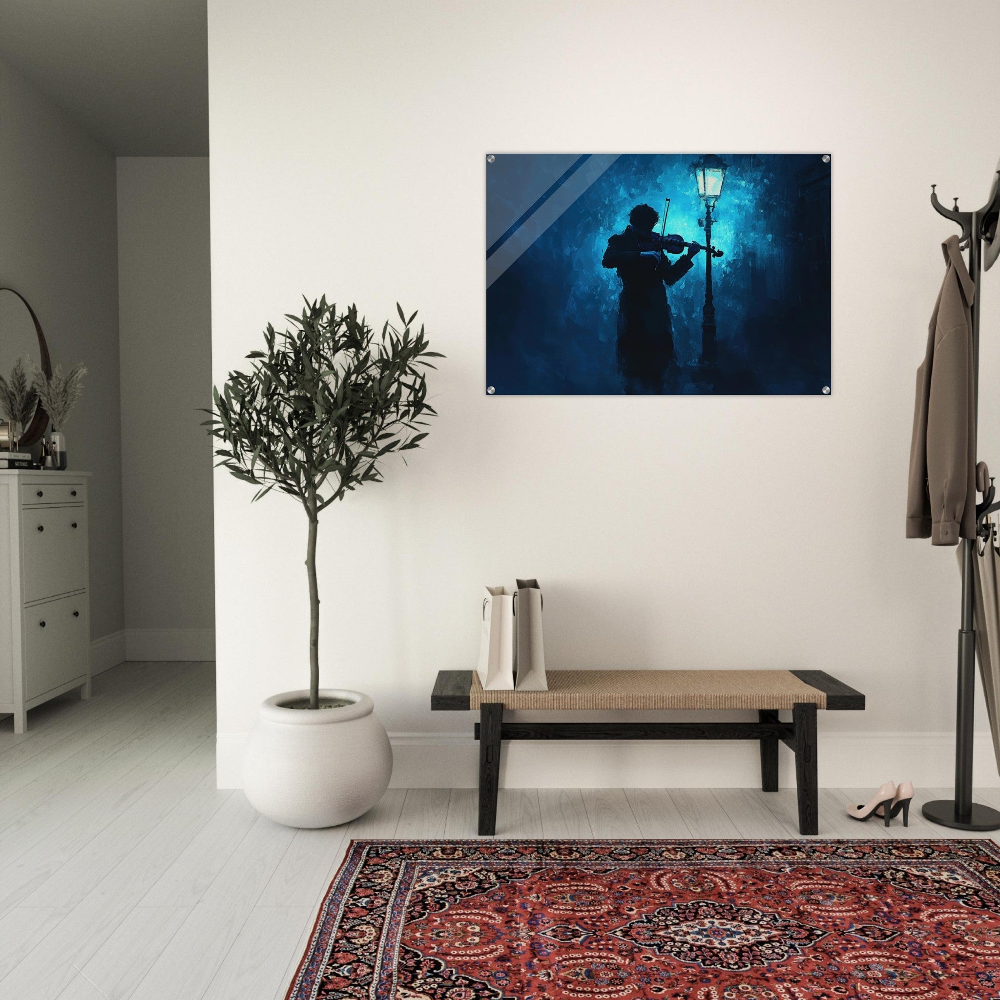 Acrylic Print Landscape - A lone violinist stands beneath a flickering sir 3 - Shop Ai Art WebShop - Digital Art online Store