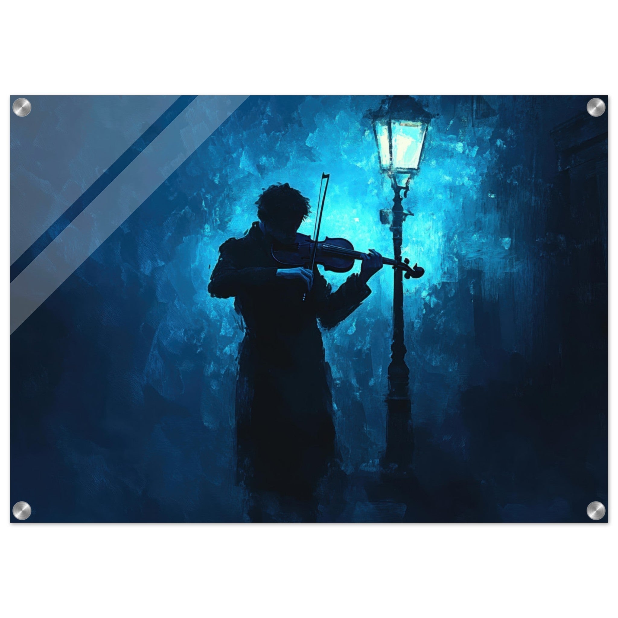 Acrylic Print Landscape - A lone violinist stands beneath a flickering sir 3 - Shop Ai Art WebShop - Digital Art online Store
