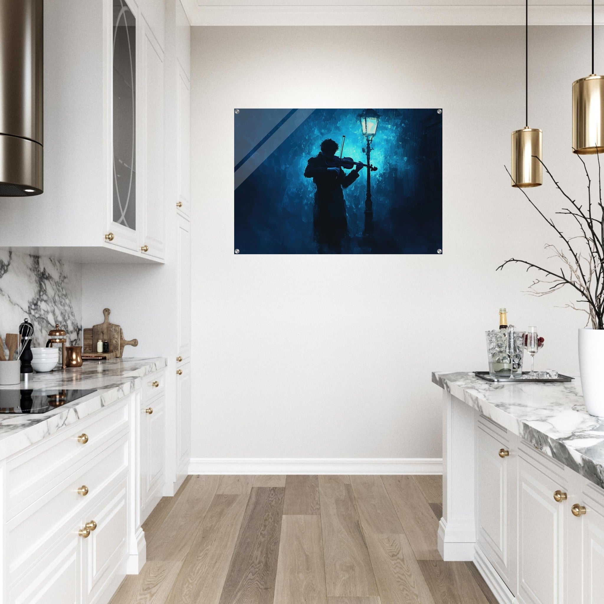 Acrylic Print Landscape - A lone violinist stands beneath a flickering sir 3 - Shop Ai Art WebShop - Digital Art online Store