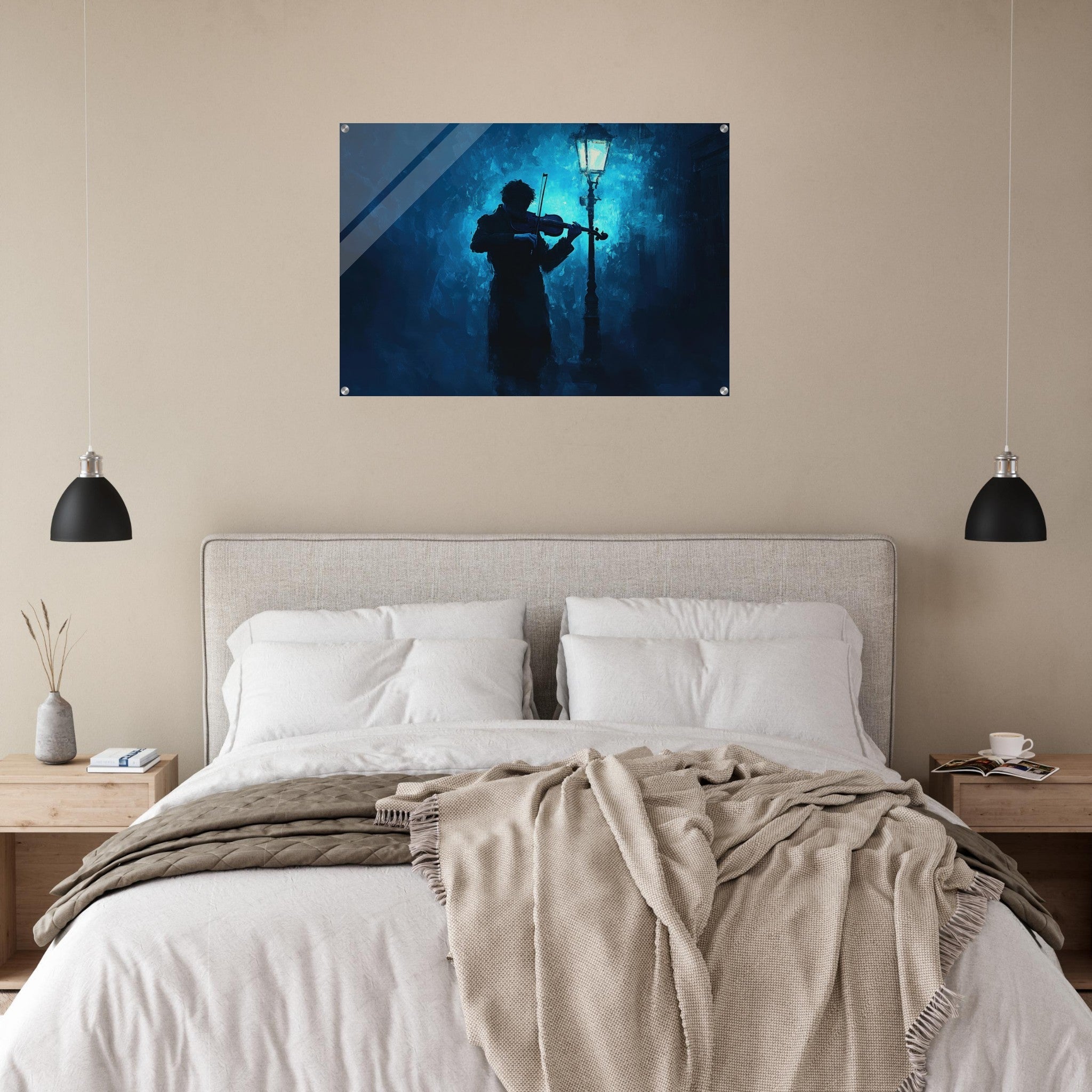 Acrylic Print Landscape - A lone violinist stands beneath a flickering sir 3 - Shop Ai Art WebShop - Digital Art online Store