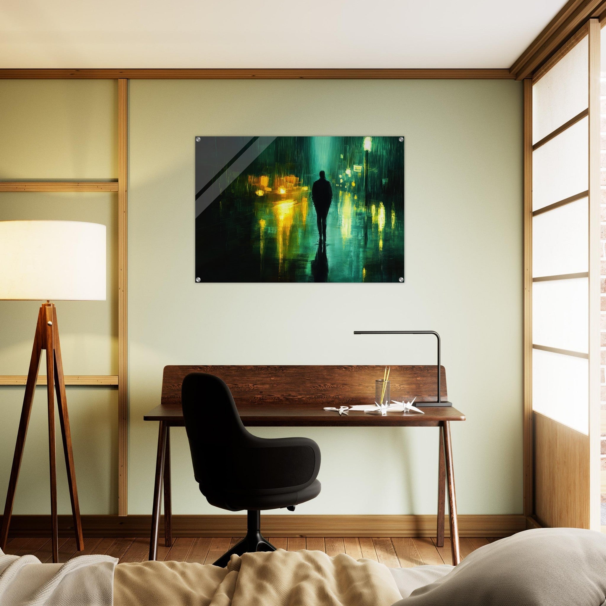 Acrylic Print Landscape - A man walks alone in the pouring rain his figure - Ai Art Force