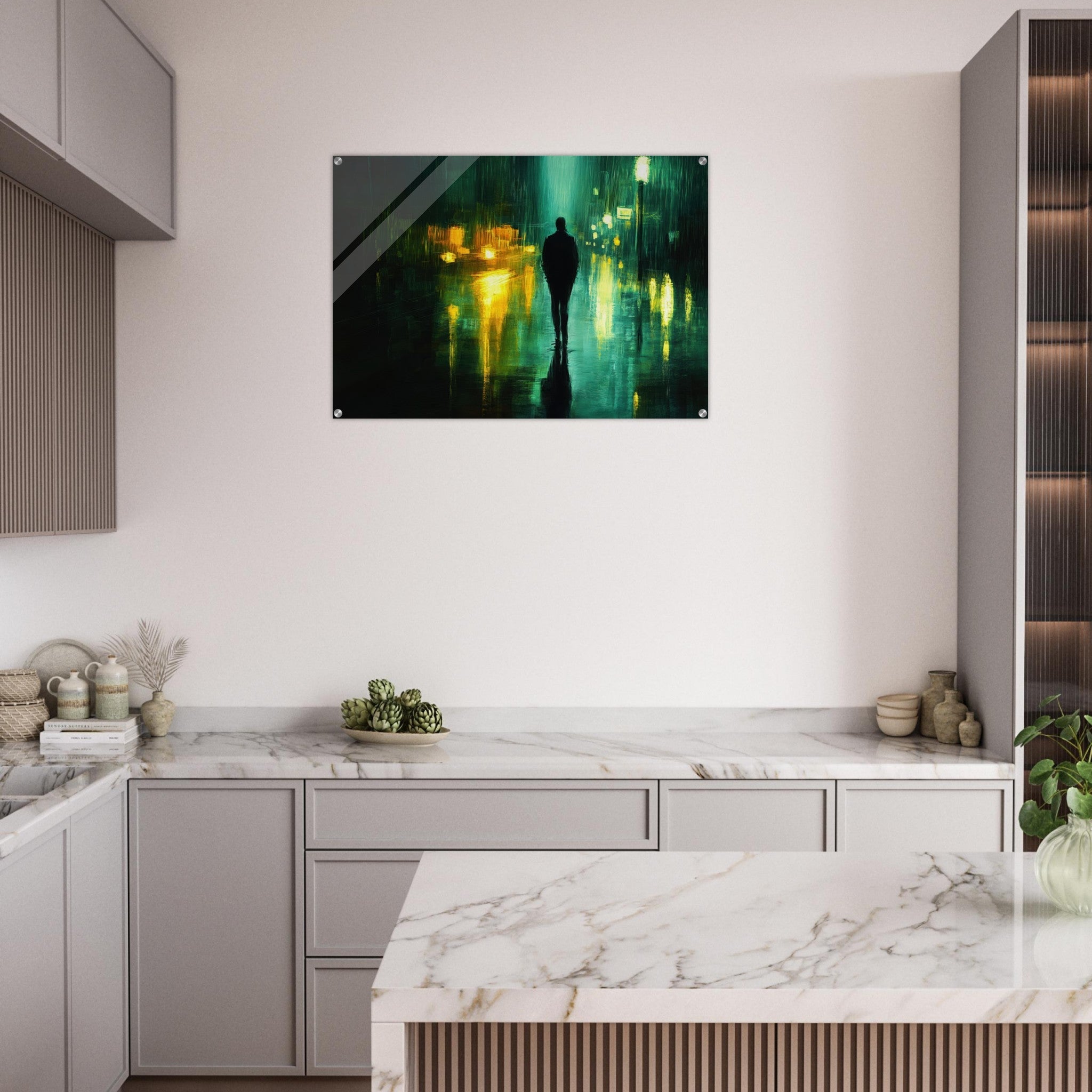 Acrylic Print Landscape - A man walks alone in the pouring rain his figure - Ai Art Force