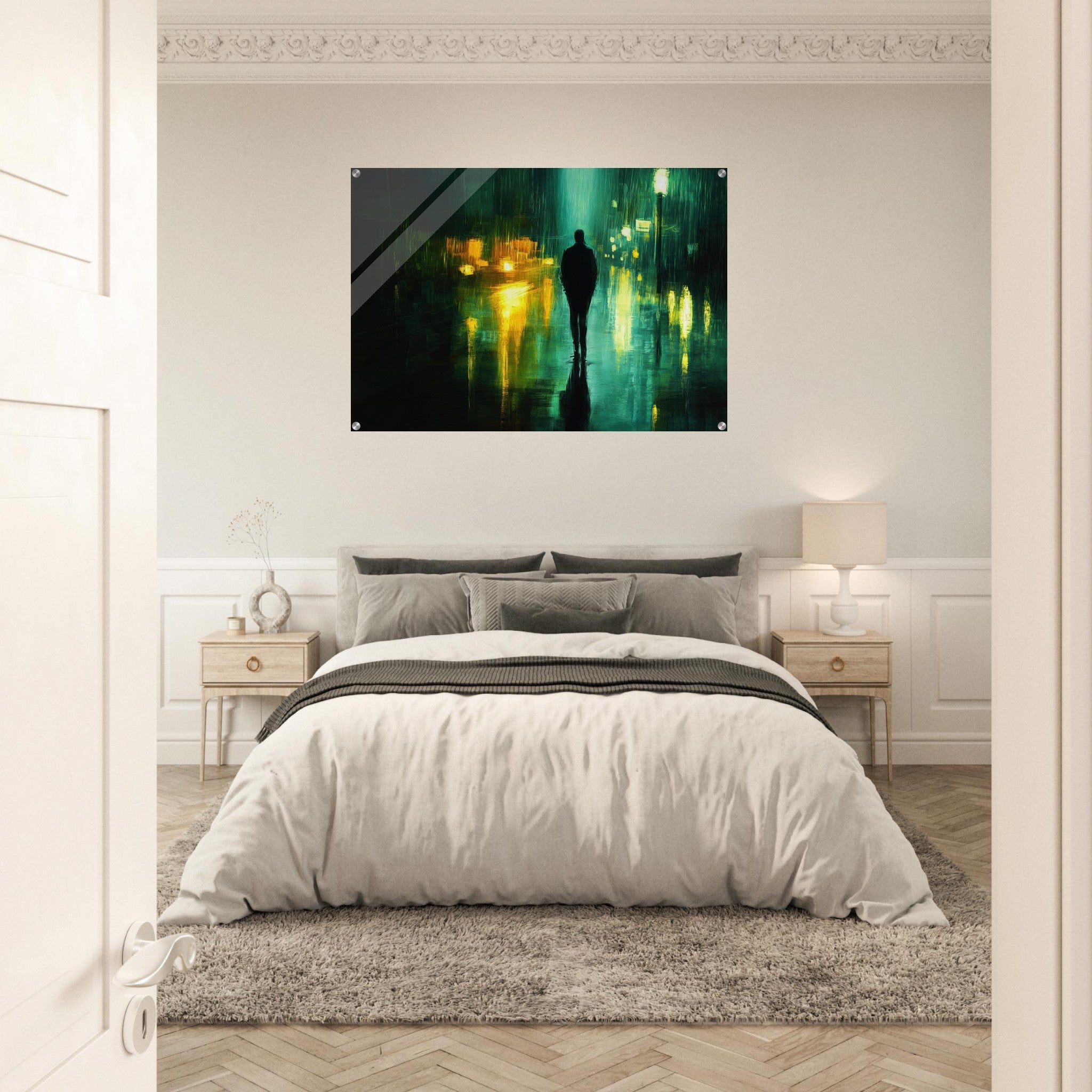 Acrylic Print Landscape - A man walks alone in the pouring rain his figure - Ai Art Force