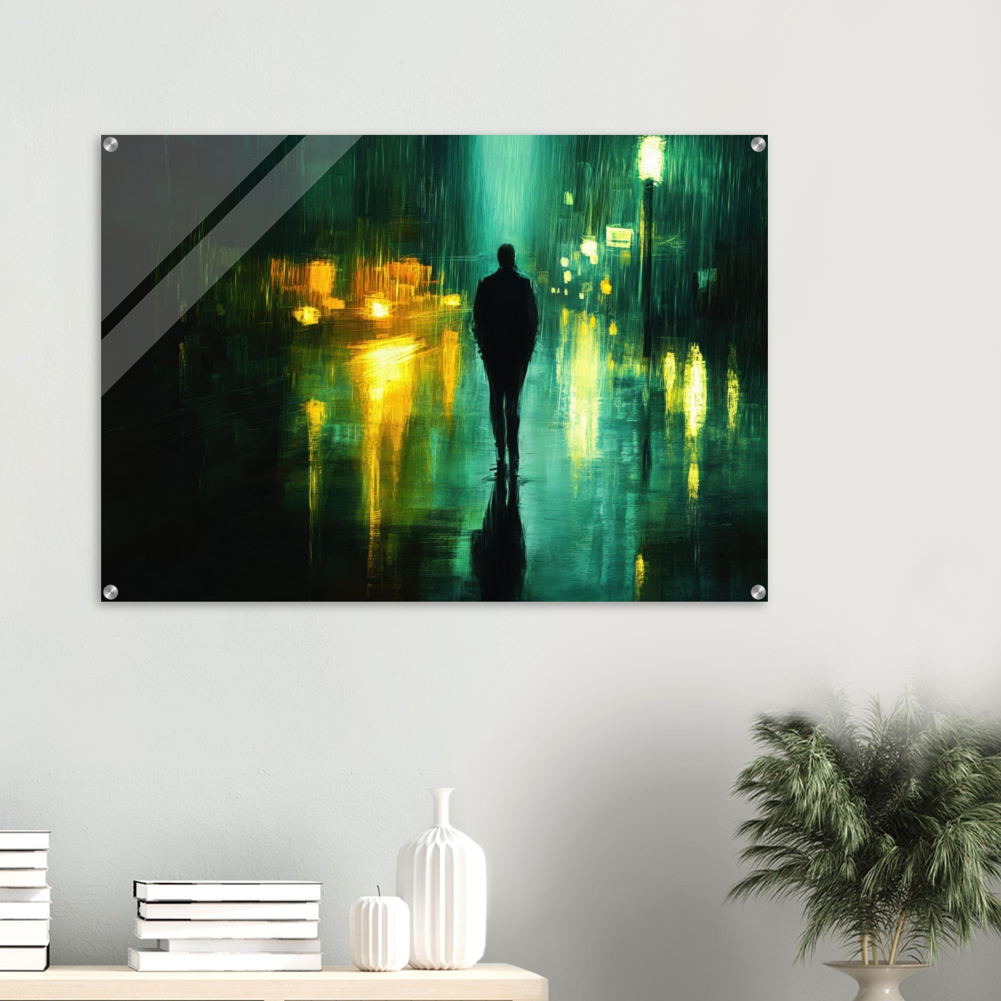 Acrylic Print Landscape - A man walks alone in the pouring rain his figure - Ai Art Force