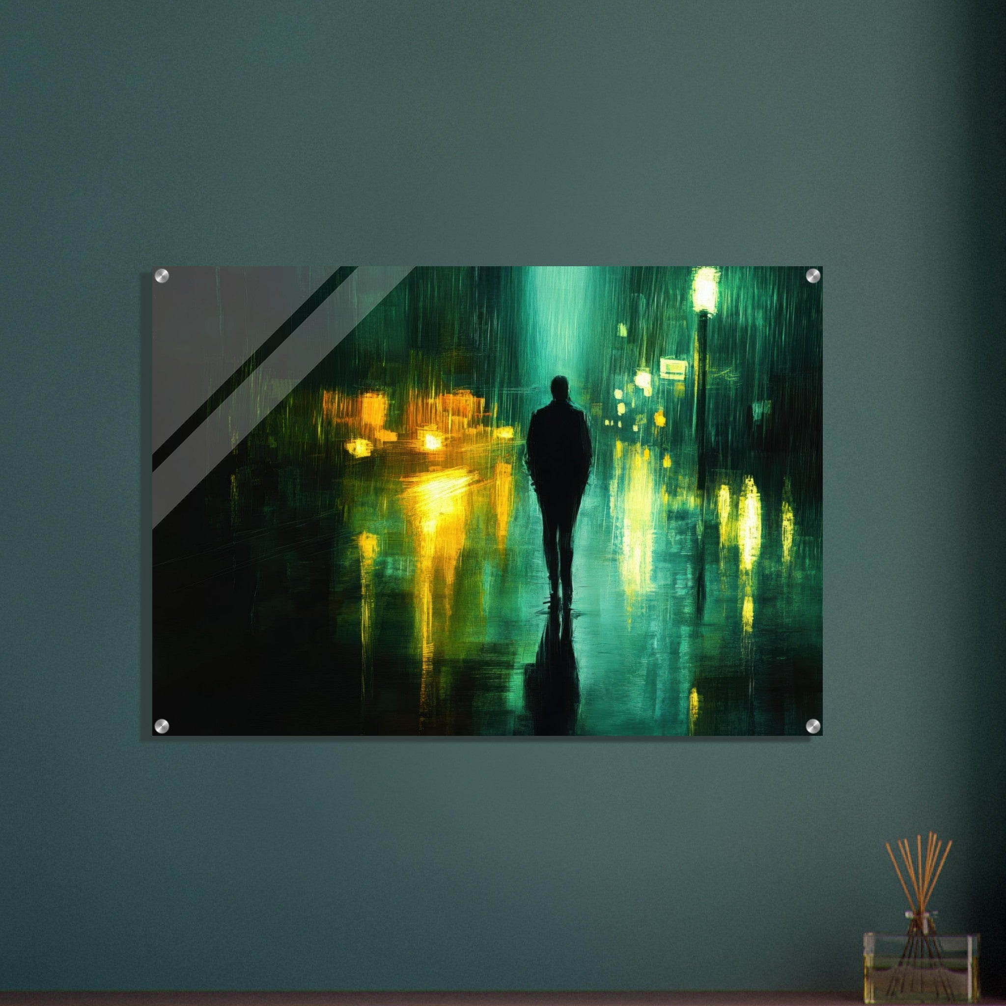 Acrylic Print Landscape - A man walks alone in the pouring rain his figure - Ai Art Force