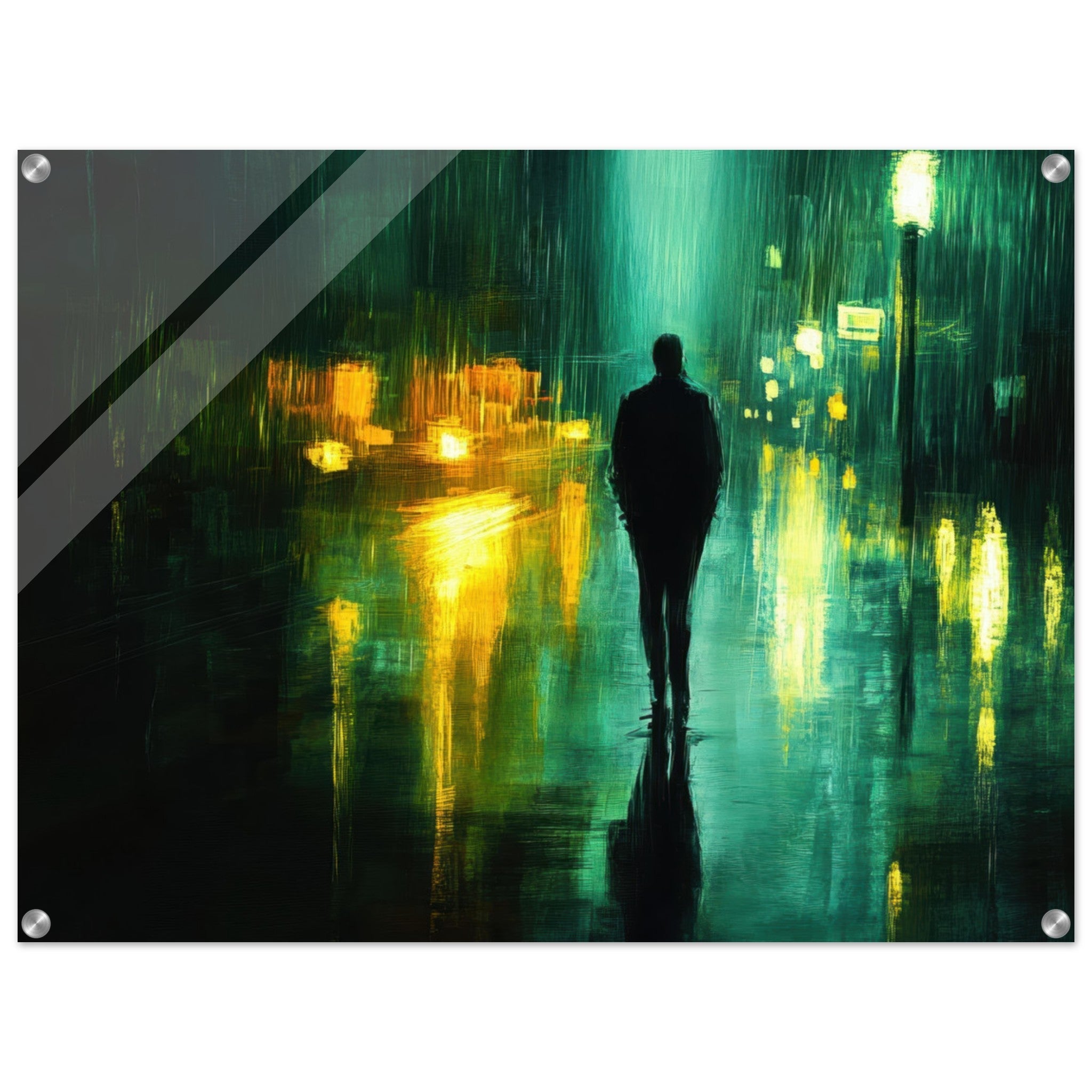 Acrylic Print Landscape - A man walks alone in the pouring rain his figure - Ai Art Force