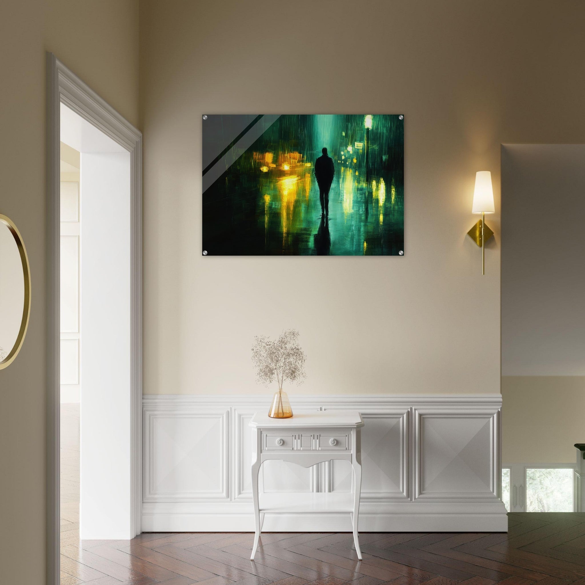 Acrylic Print Landscape - A man walks alone in the pouring rain his figure - Ai Art Force