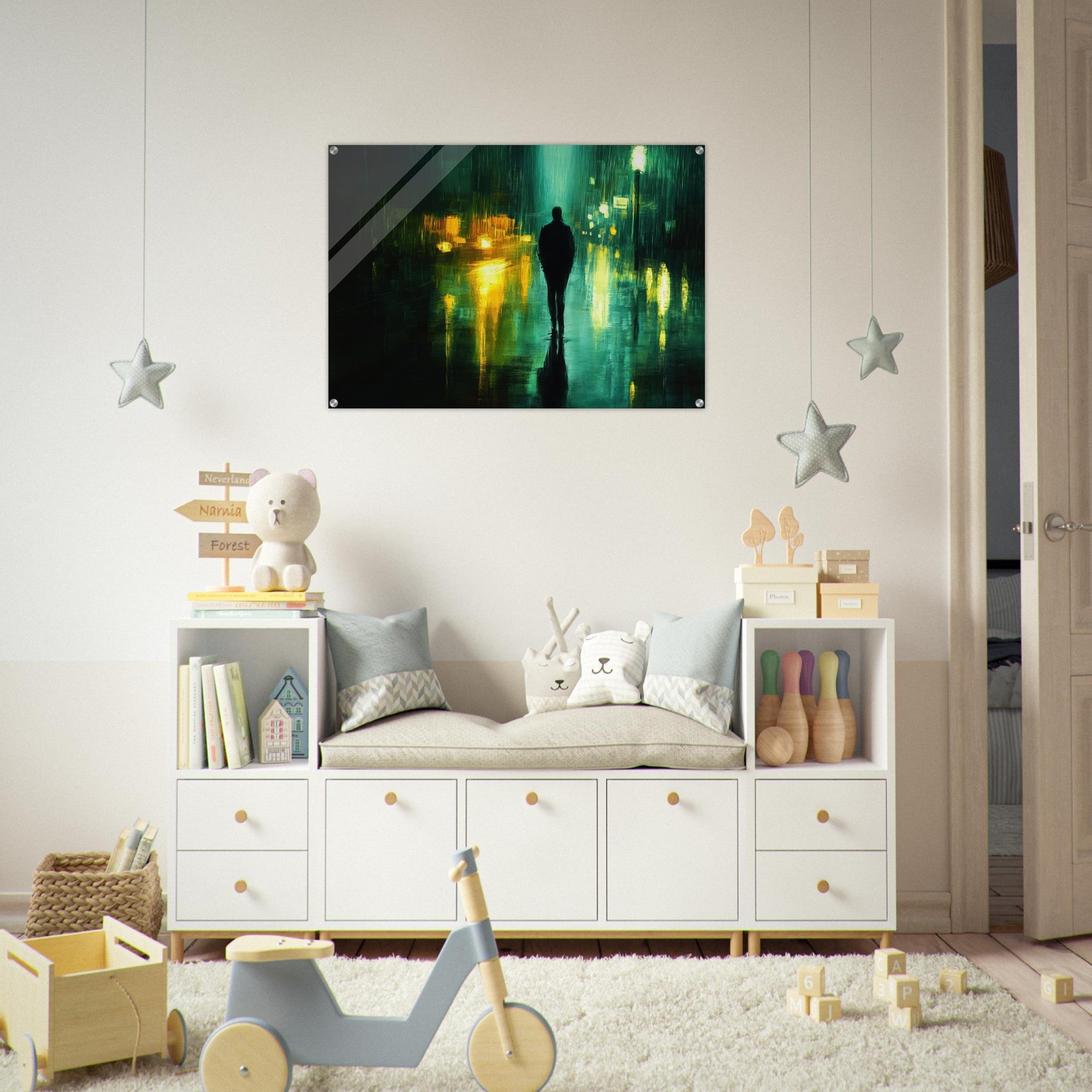 Acrylic Print Landscape - A man walks alone in the pouring rain his figure - Ai Art Force