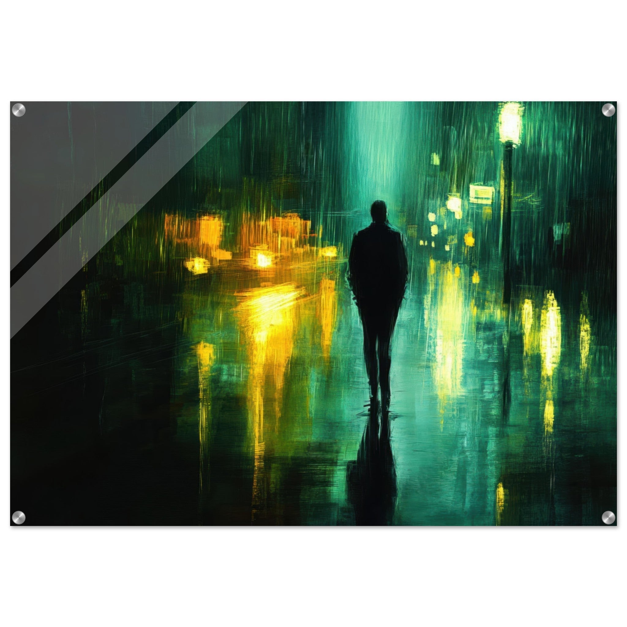 Acrylic Print Landscape - A man walks alone in the pouring rain his figure - Ai Art Force
