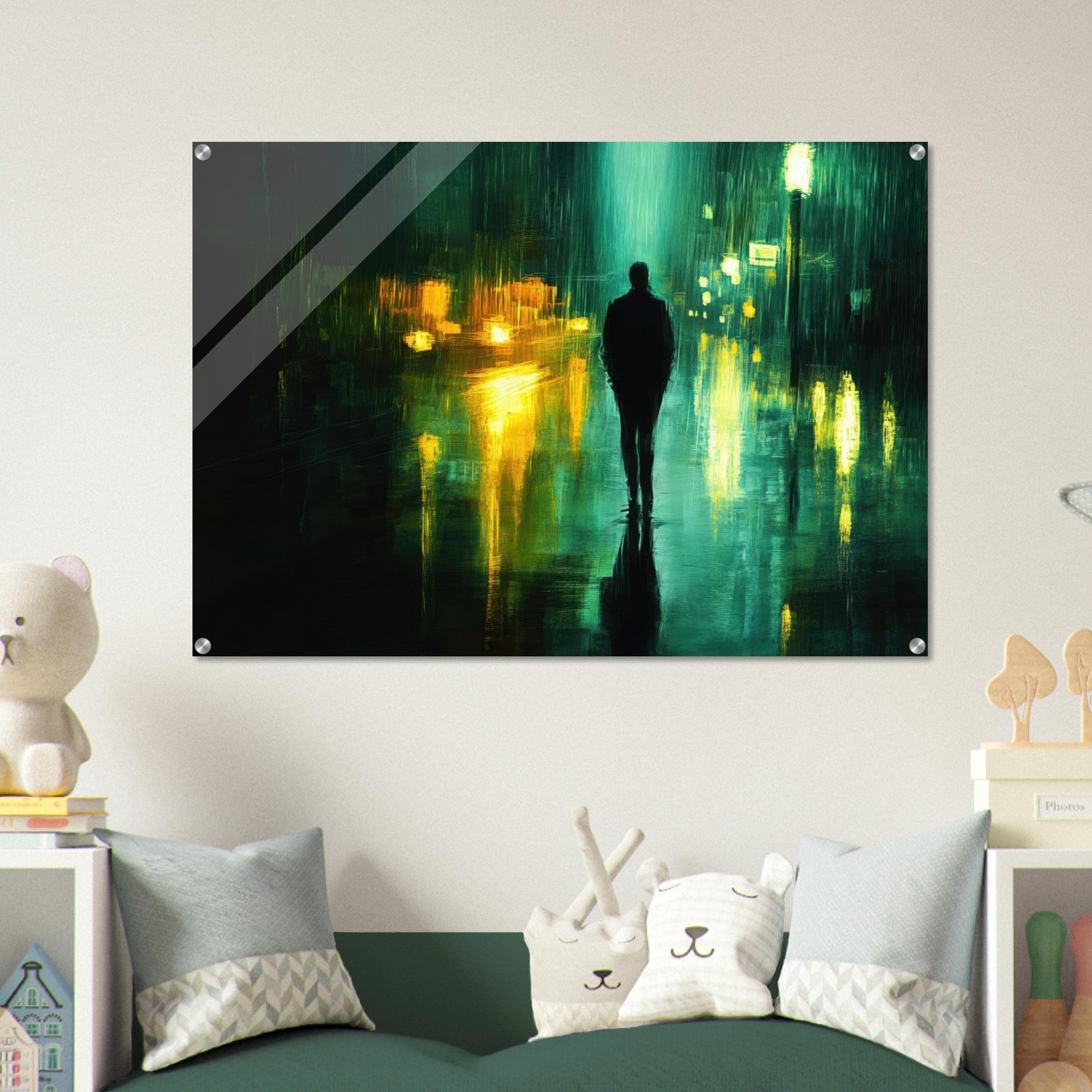 Acrylic Print Landscape - A man walks alone in the pouring rain his figure - Ai Art Force