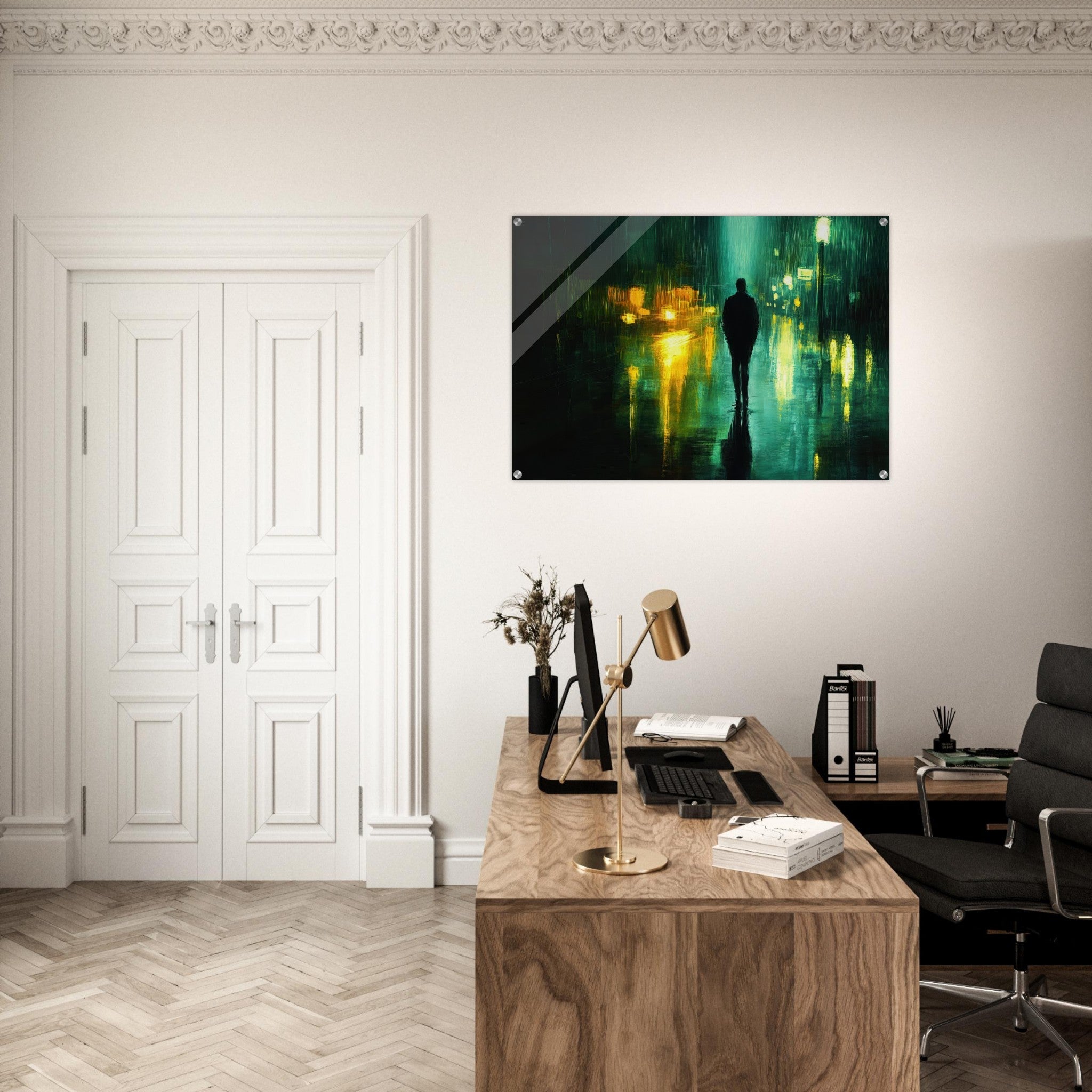 Acrylic Print Landscape - A man walks alone in the pouring rain his figure - Ai Art Force